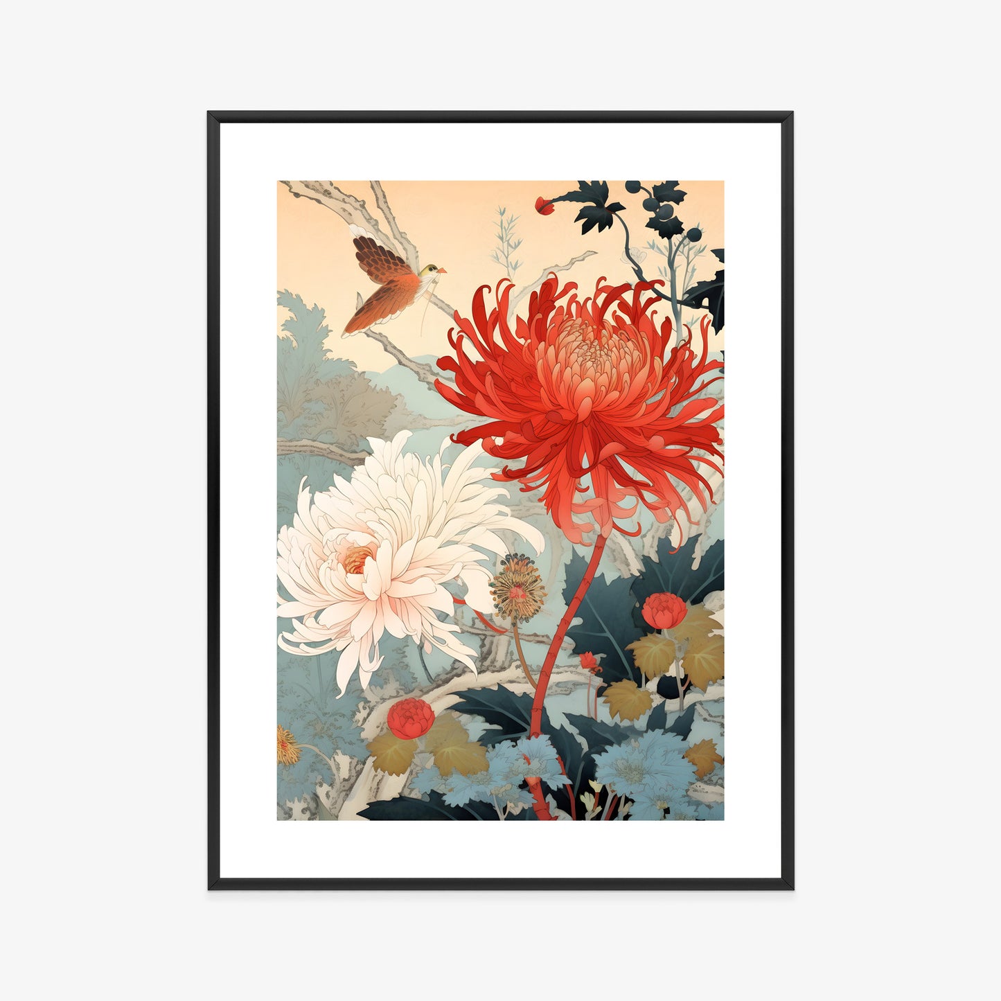 Poster Chrysanthemen Im Japanischen Stil Rahmen Holz Mit Passepartout Farbe Natürlich