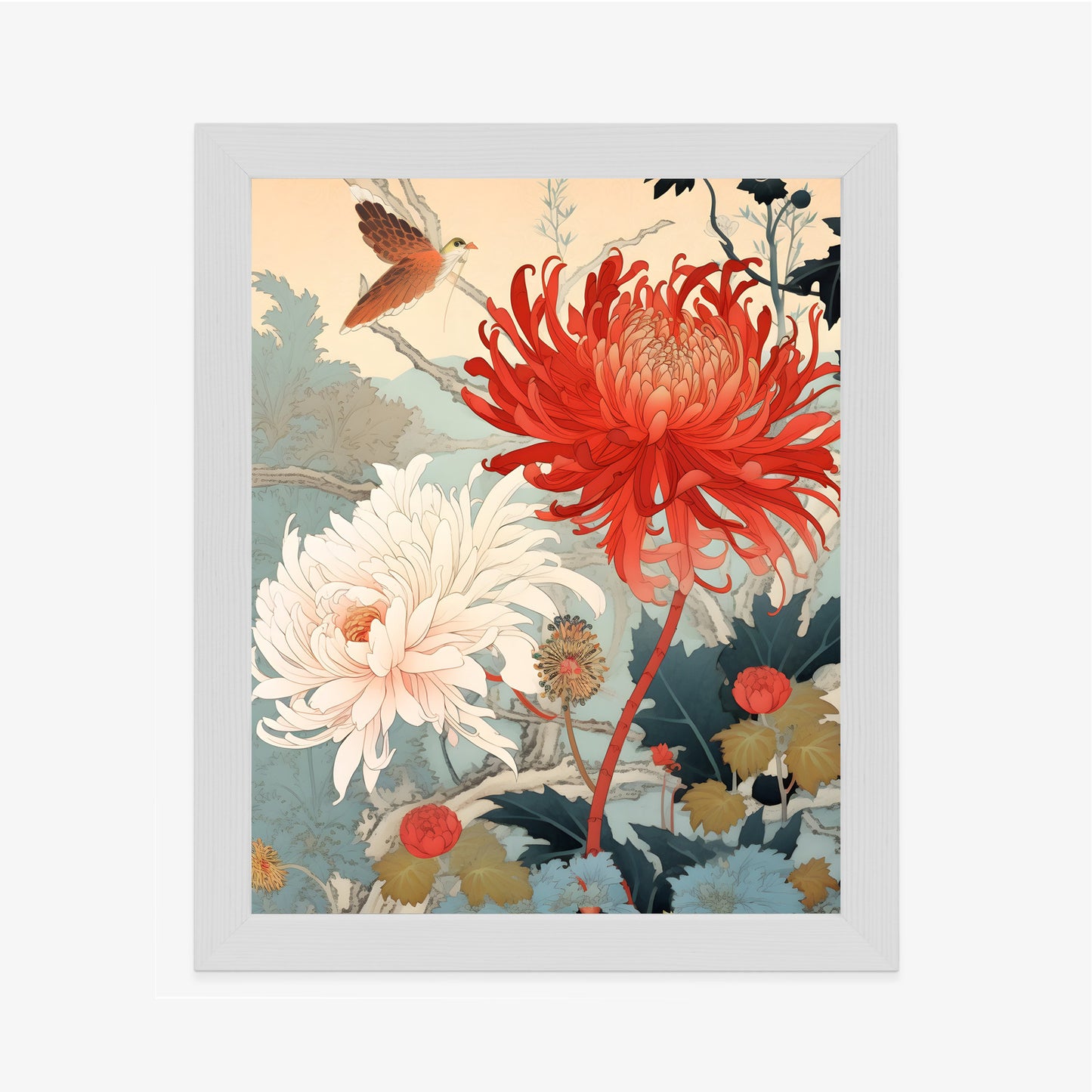 Poster Chrysanthemen Im Japanischen Stil Rahmen Holz Mit Passepartout Farbe Natürlich