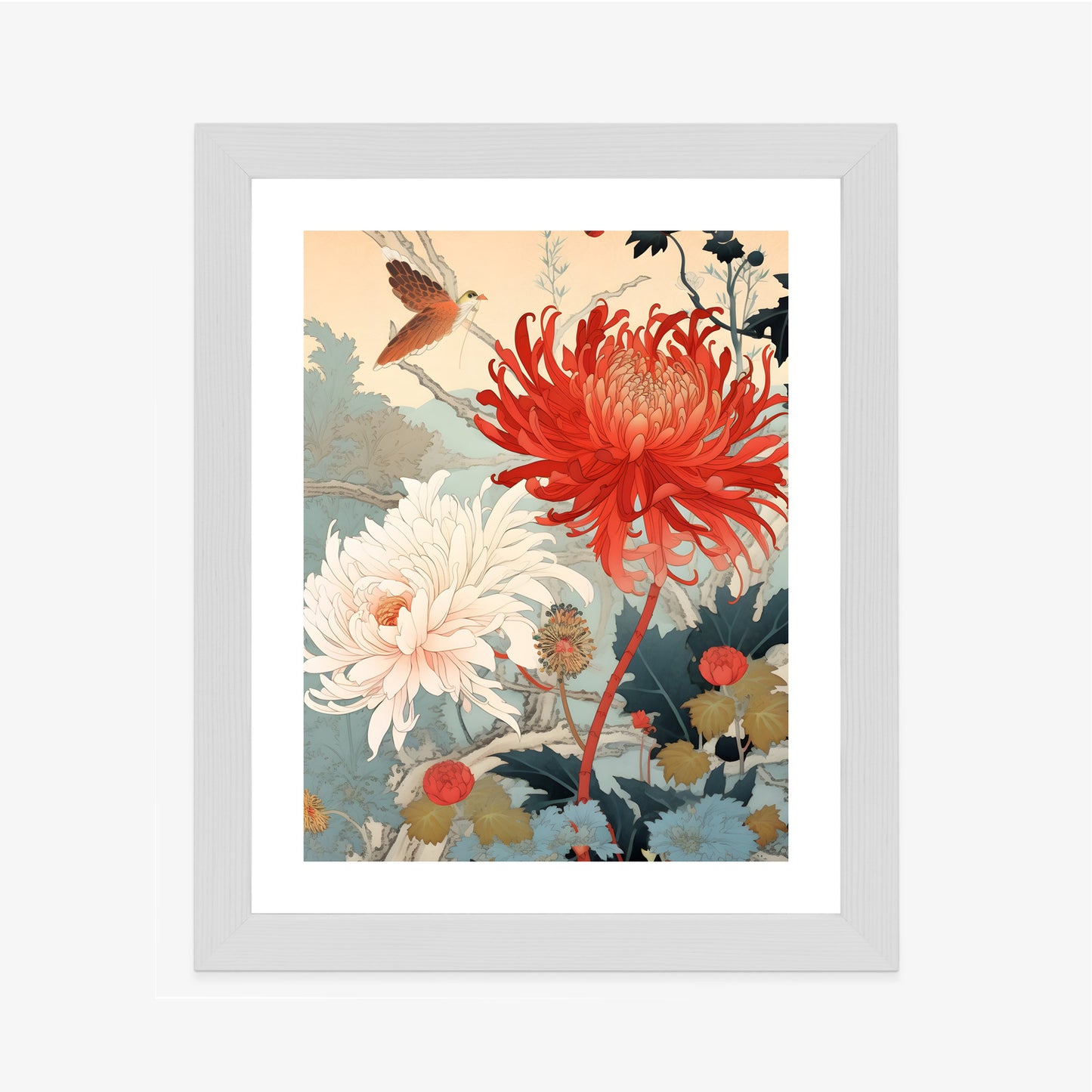 Poster Chrysanthemen Im Japanischen Stil Rahmen Holz Mit Passepartout Farbe Natürlich