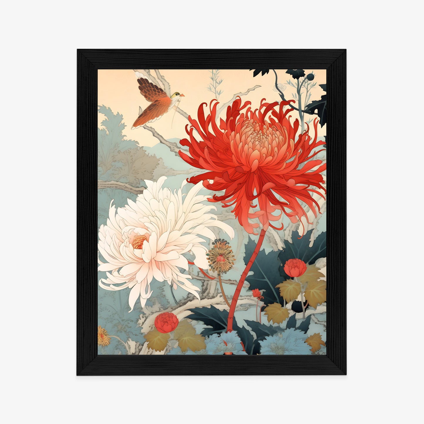 Poster Chrysanthemen Im Japanischen Stil Rahmen Holz Mit Passepartout Farbe Natürlich