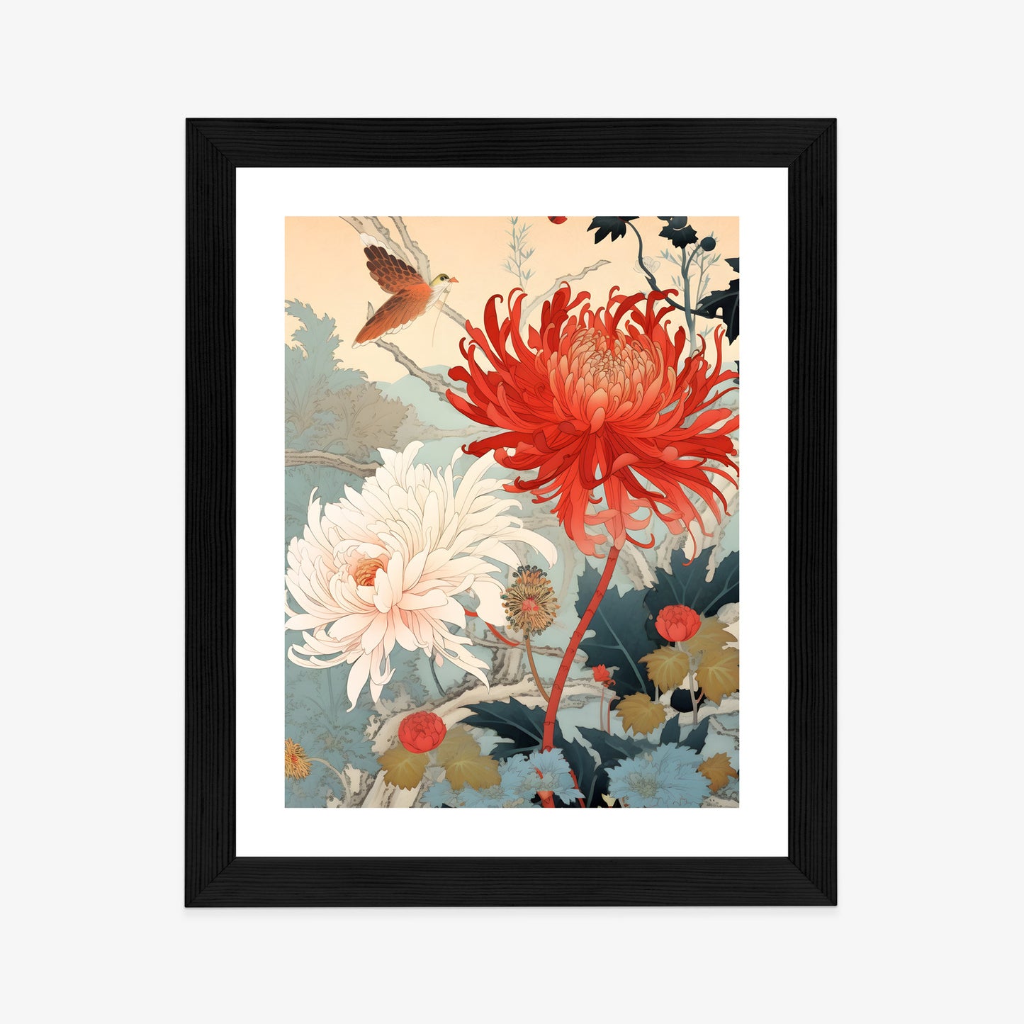 Poster Chrysanthemen Im Japanischen Stil Rahmen Holz Mit Passepartout Farbe Natürlich