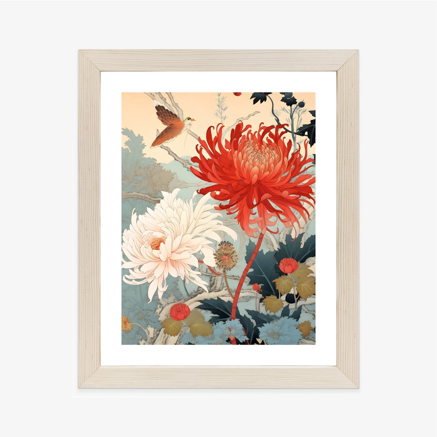 Poster Chrysanthemen Im Japanischen Stil Rahmen Holz Mit Passepartout Farbe Natürlich