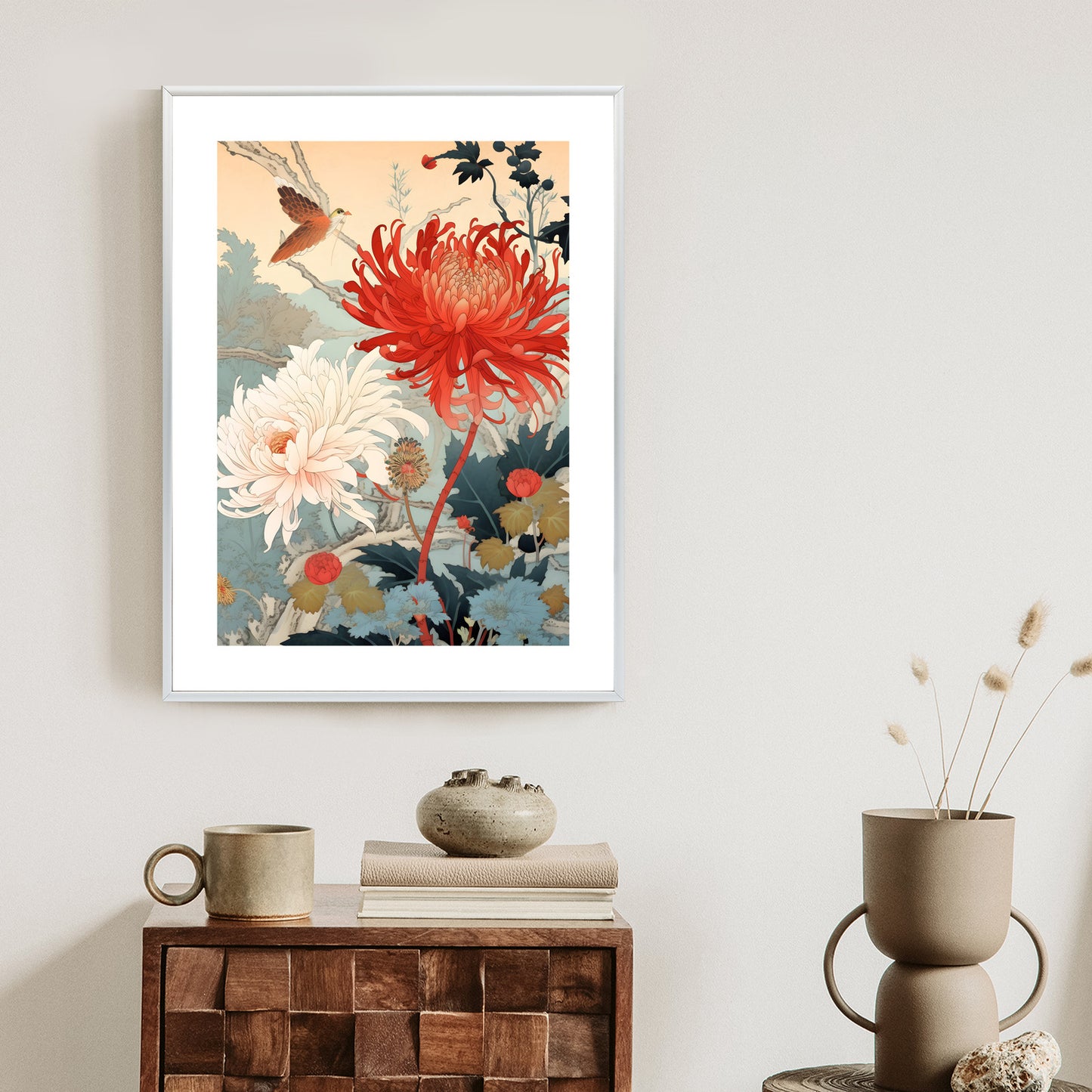 Poster Chrysanthemen Im Japanischen Stil Rahmen Holz Mit Passepartout Farbe Natürlich