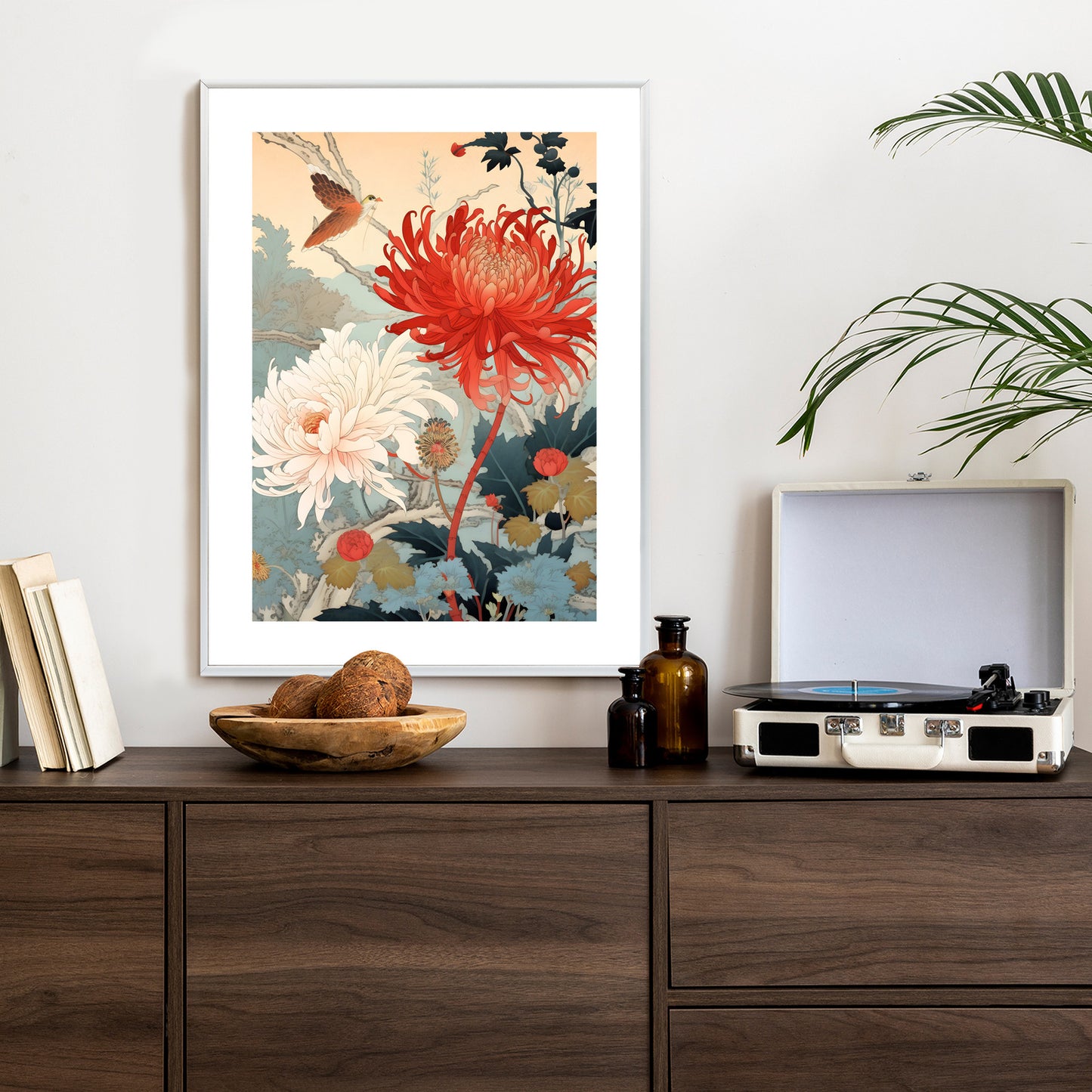 Poster Chrysanthemen Im Japanischen Stil Rahmen Holz Mit Passepartout Farbe Natürlich