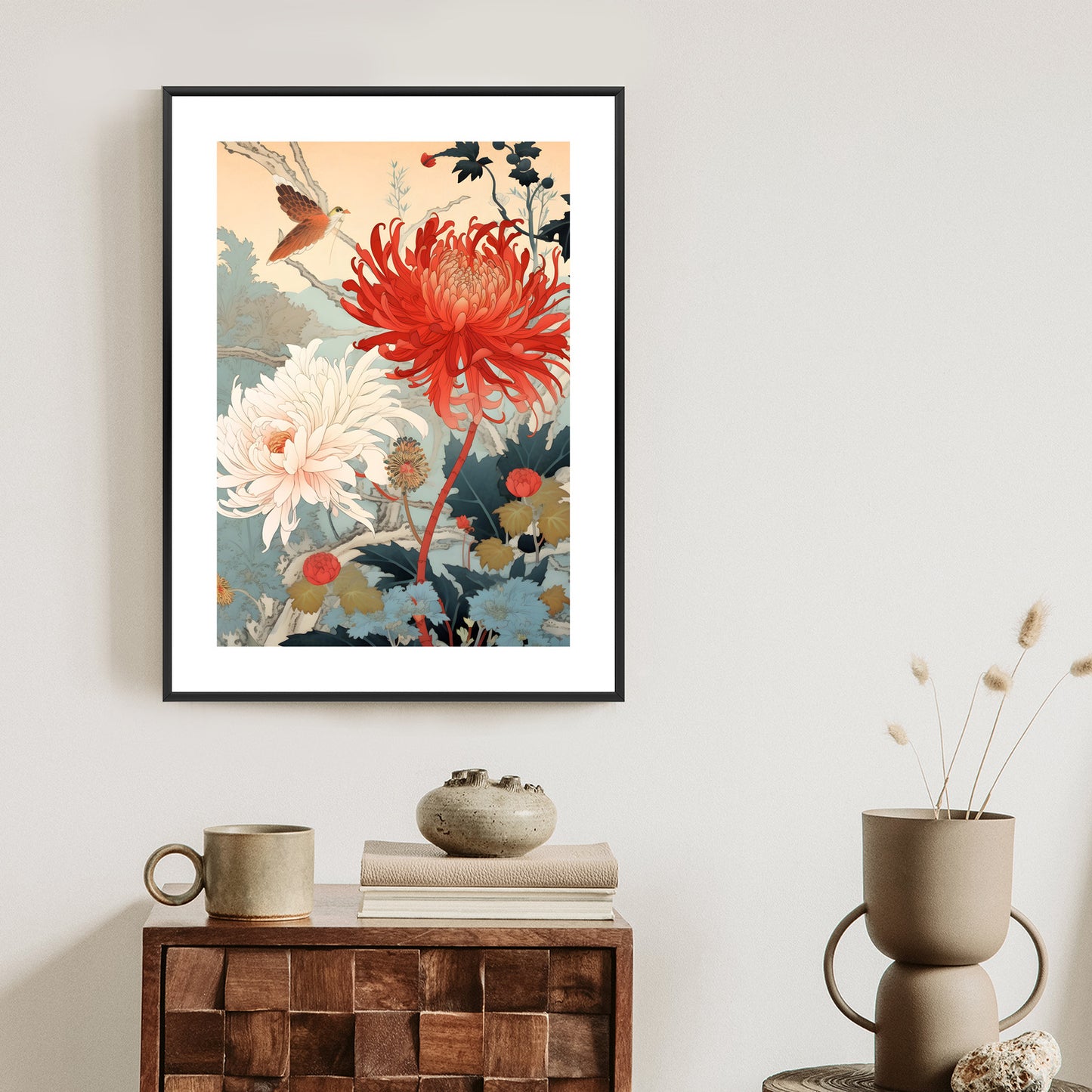 Poster Chrysanthemen Im Japanischen Stil Rahmen Holz Mit Passepartout Farbe Natürlich
