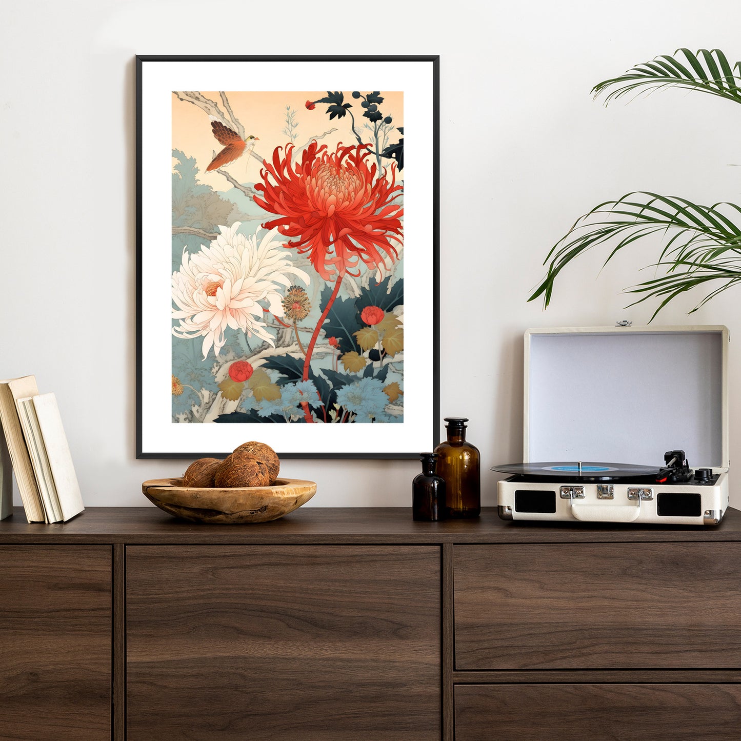 Poster Chrysanthemen Im Japanischen Stil Rahmen Holz Mit Passepartout Farbe Natürlich