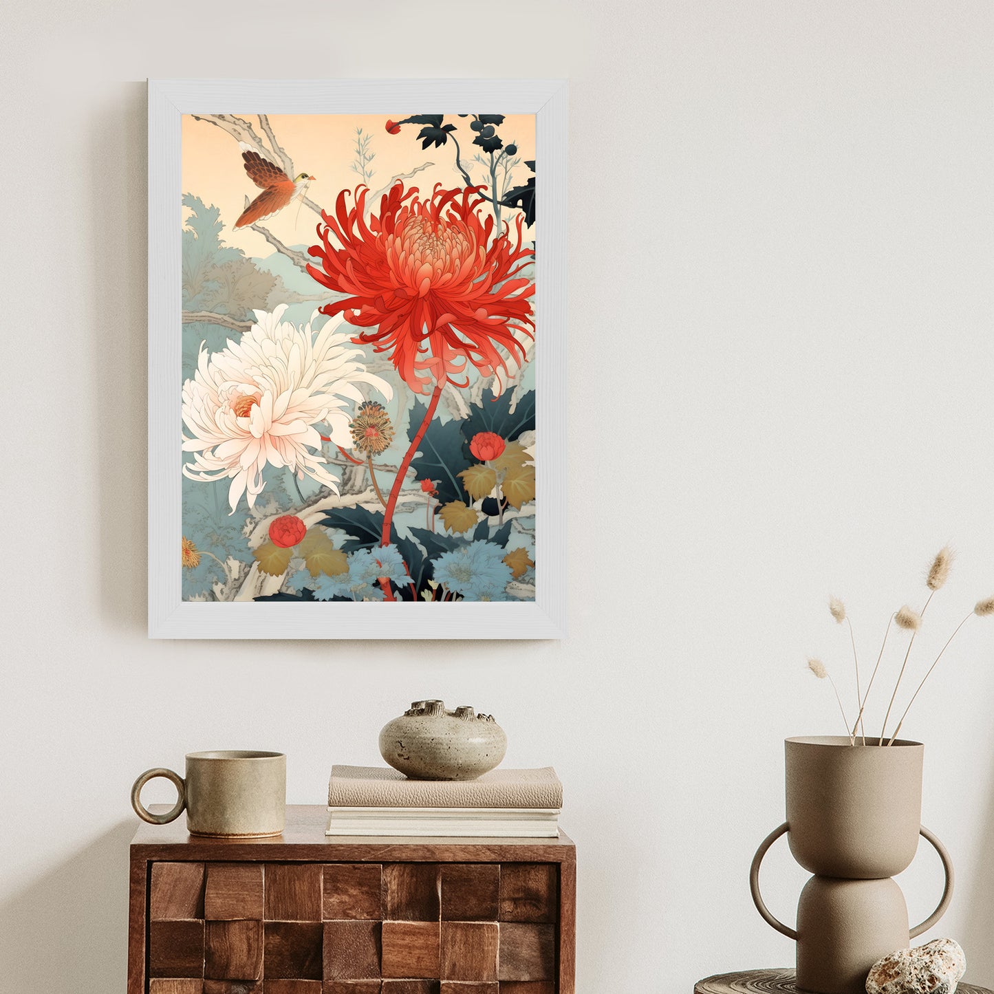 Poster Chrysanthemen Im Japanischen Stil Rahmen Holz Mit Passepartout Farbe Natürlich