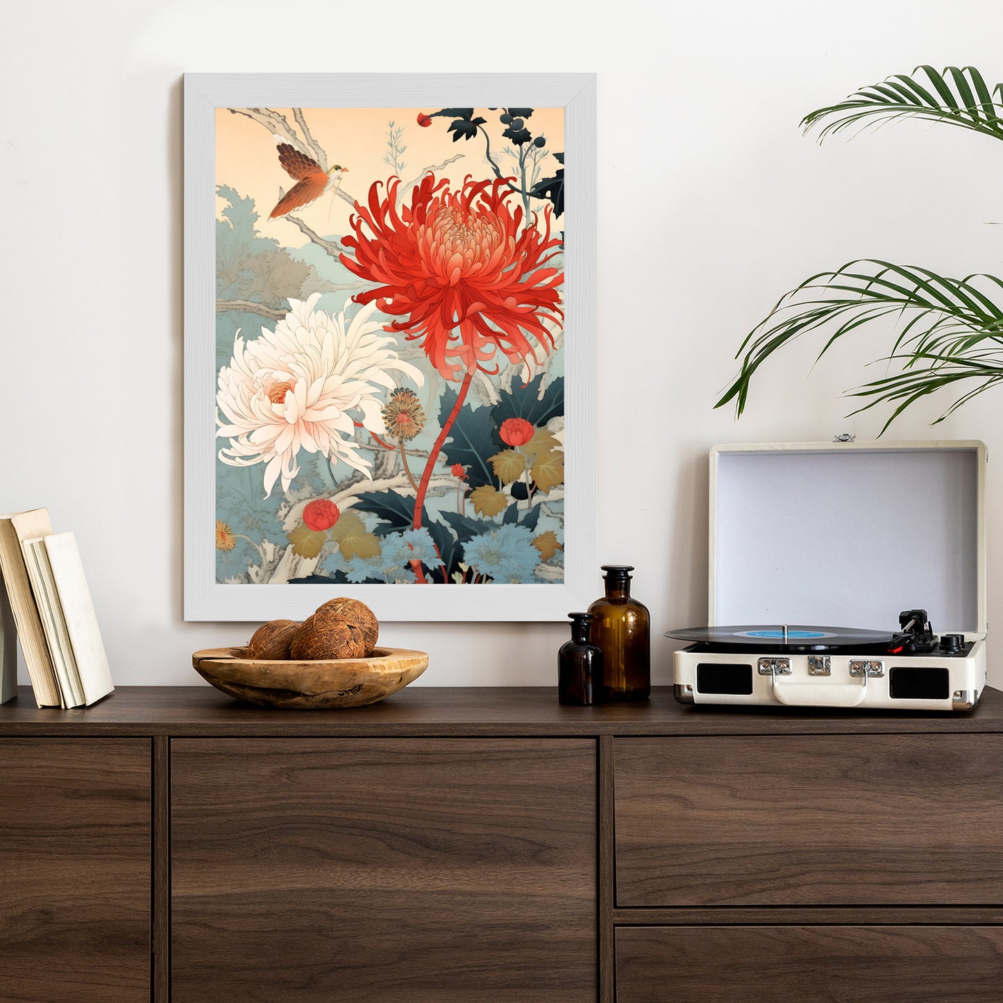 Poster Chrysanthemen Im Japanischen Stil Rahmen Holz Mit Passepartout Farbe Natürlich