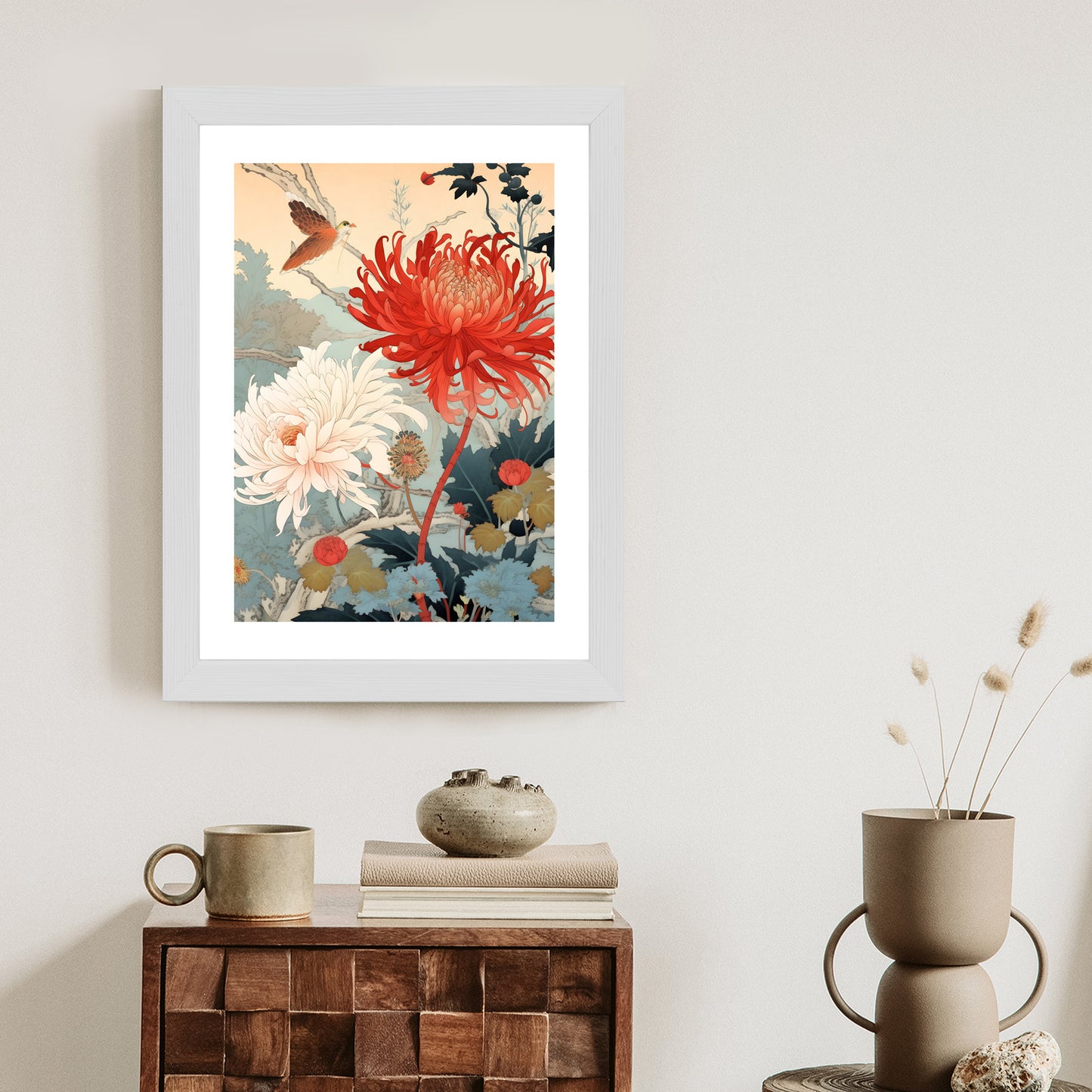Poster Chrysanthemen Im Japanischen Stil Rahmen Holz Mit Passepartout Farbe Natürlich