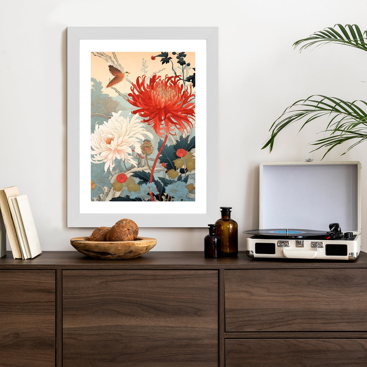 Poster Chrysanthemen Im Japanischen Stil Rahmen Holz Mit Passepartout Farbe Natürlich