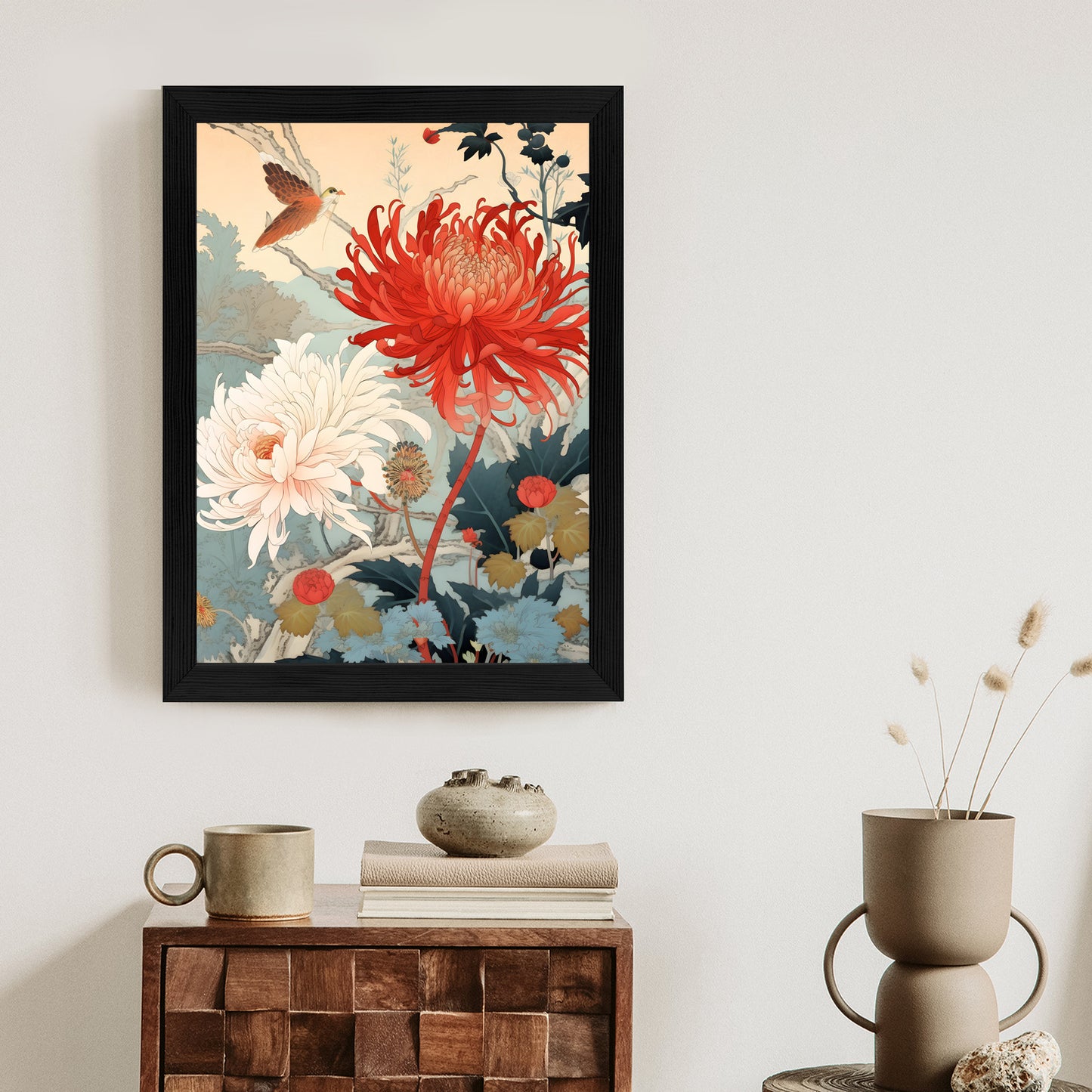 Poster Chrysanthemen Im Japanischen Stil Rahmen Holz Mit Passepartout Farbe Natürlich