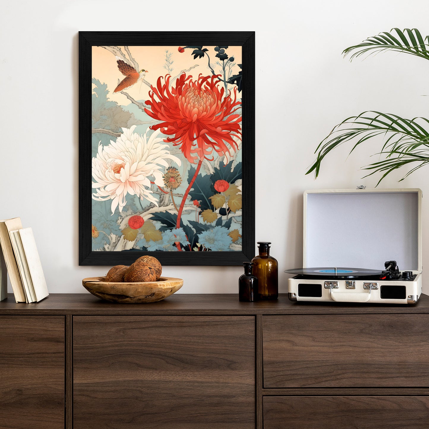 Poster Chrysanthemen Im Japanischen Stil Rahmen Holz Mit Passepartout Farbe Natürlich