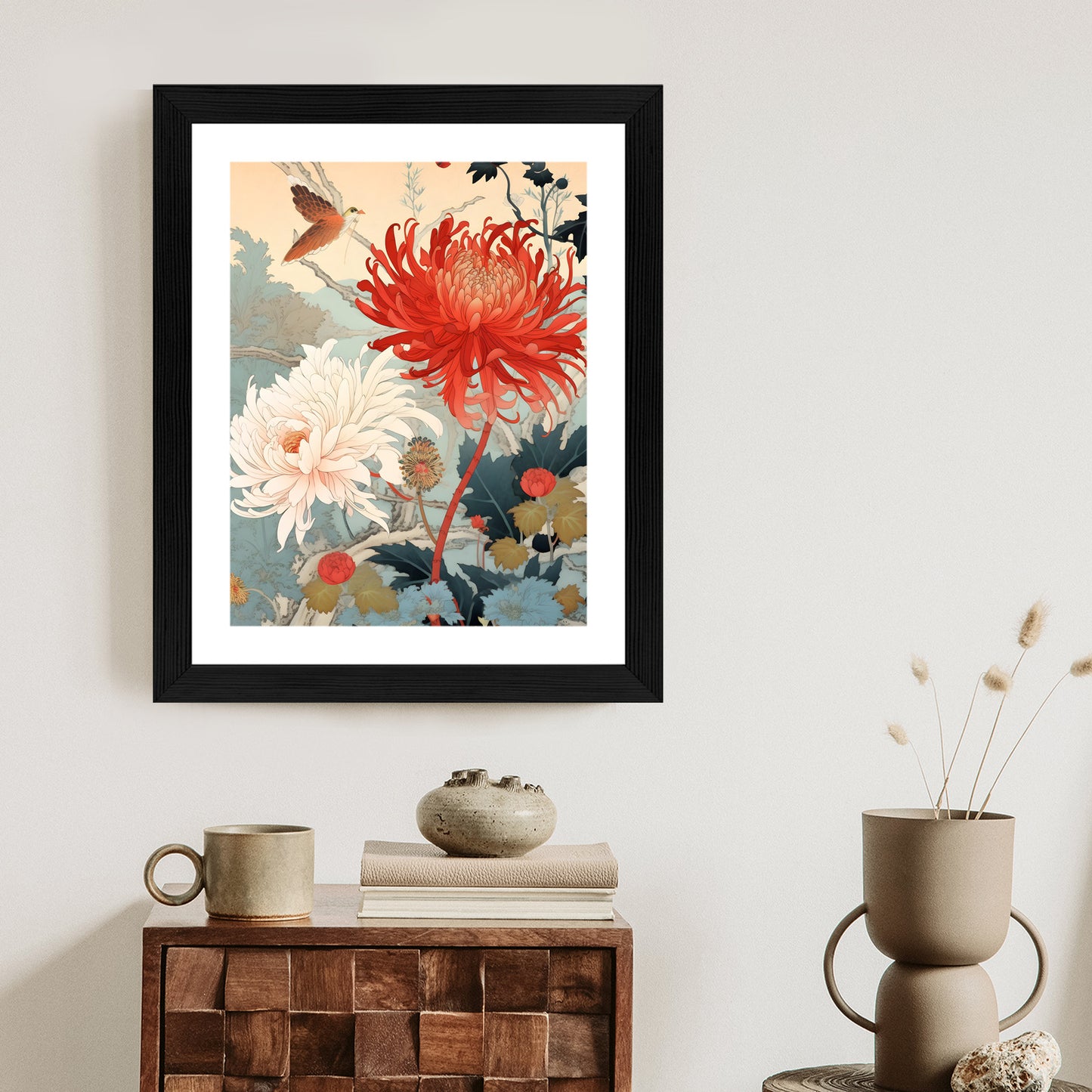 Poster Chrysanthemen Im Japanischen Stil Rahmen Holz Mit Passepartout Farbe Natürlich