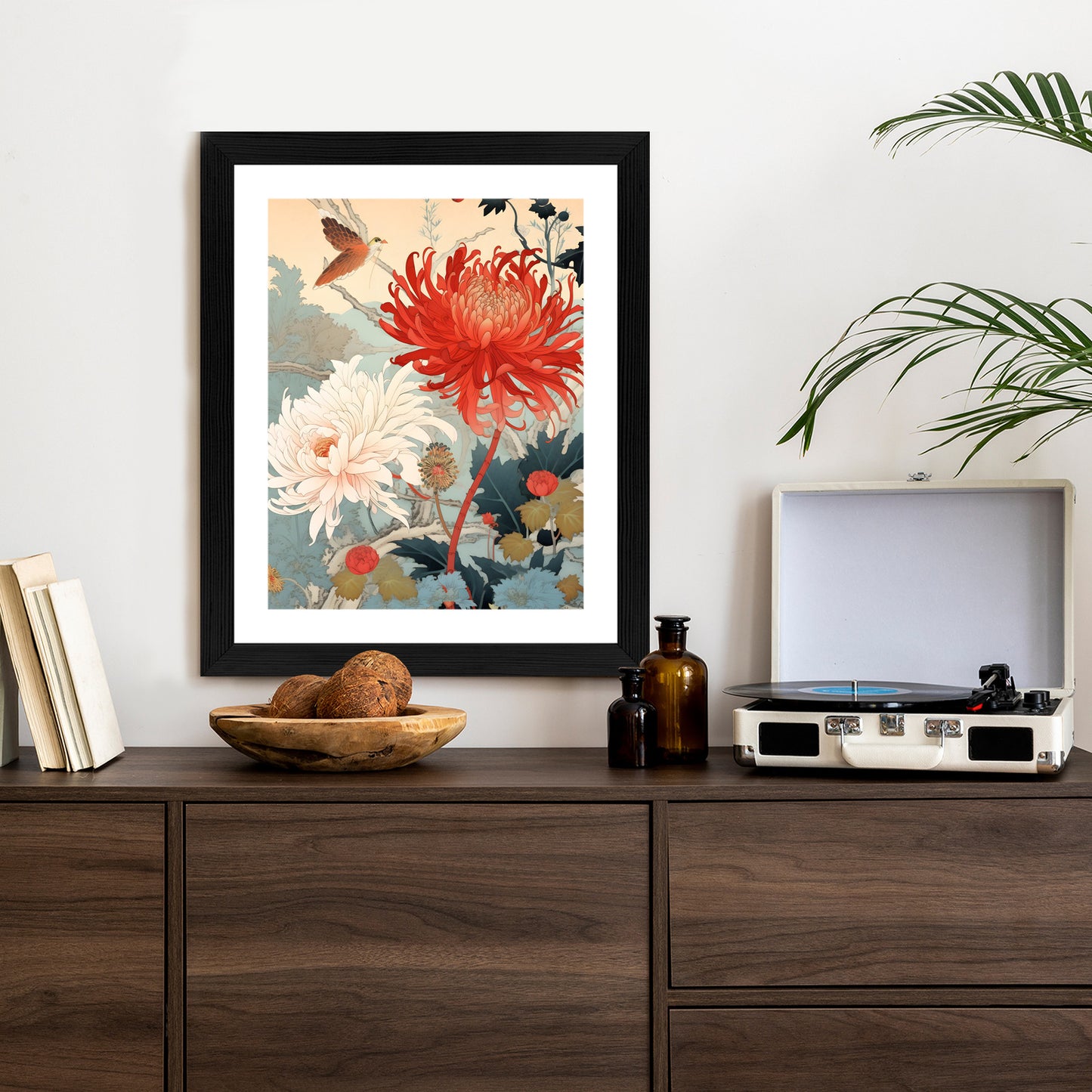 Poster Chrysanthemen Im Japanischen Stil Rahmen Holz Mit Passepartout Farbe Natürlich