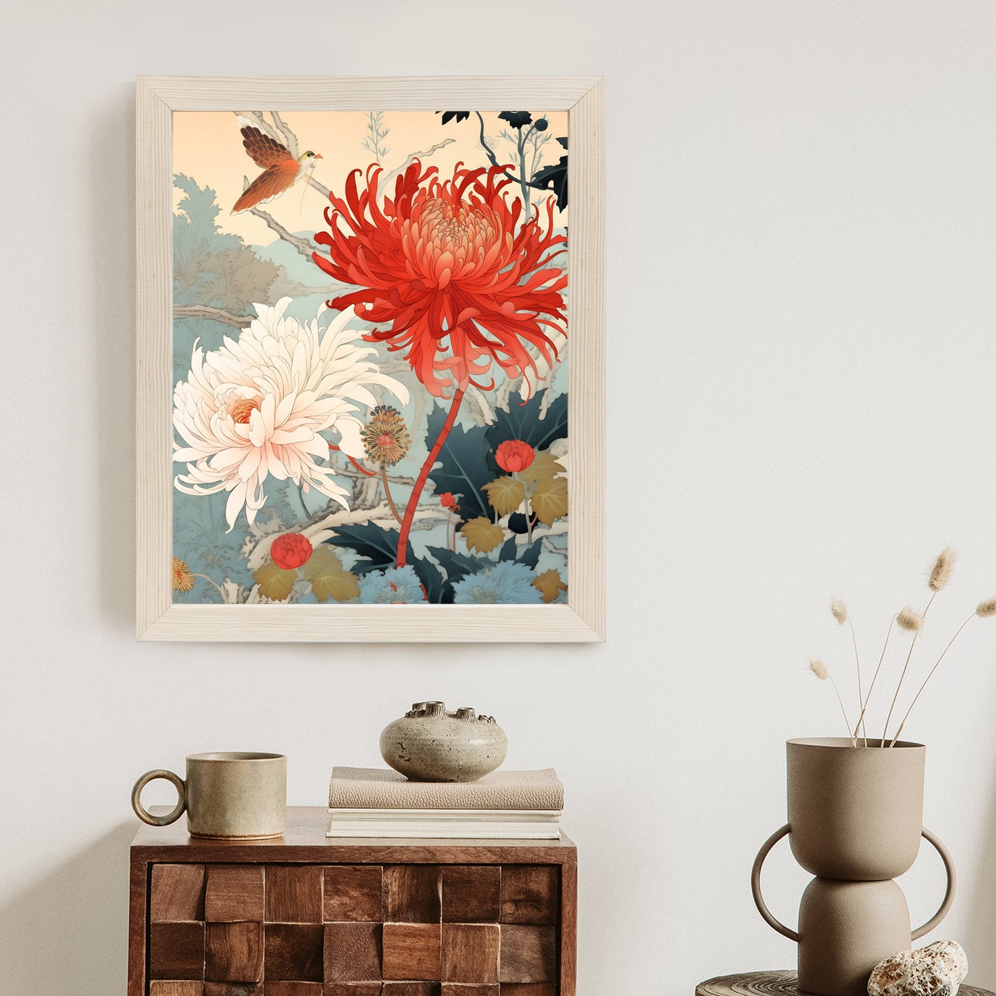 Poster Chrysanthemen Im Japanischen Stil Rahmen Holz Mit Passepartout Farbe Natürlich