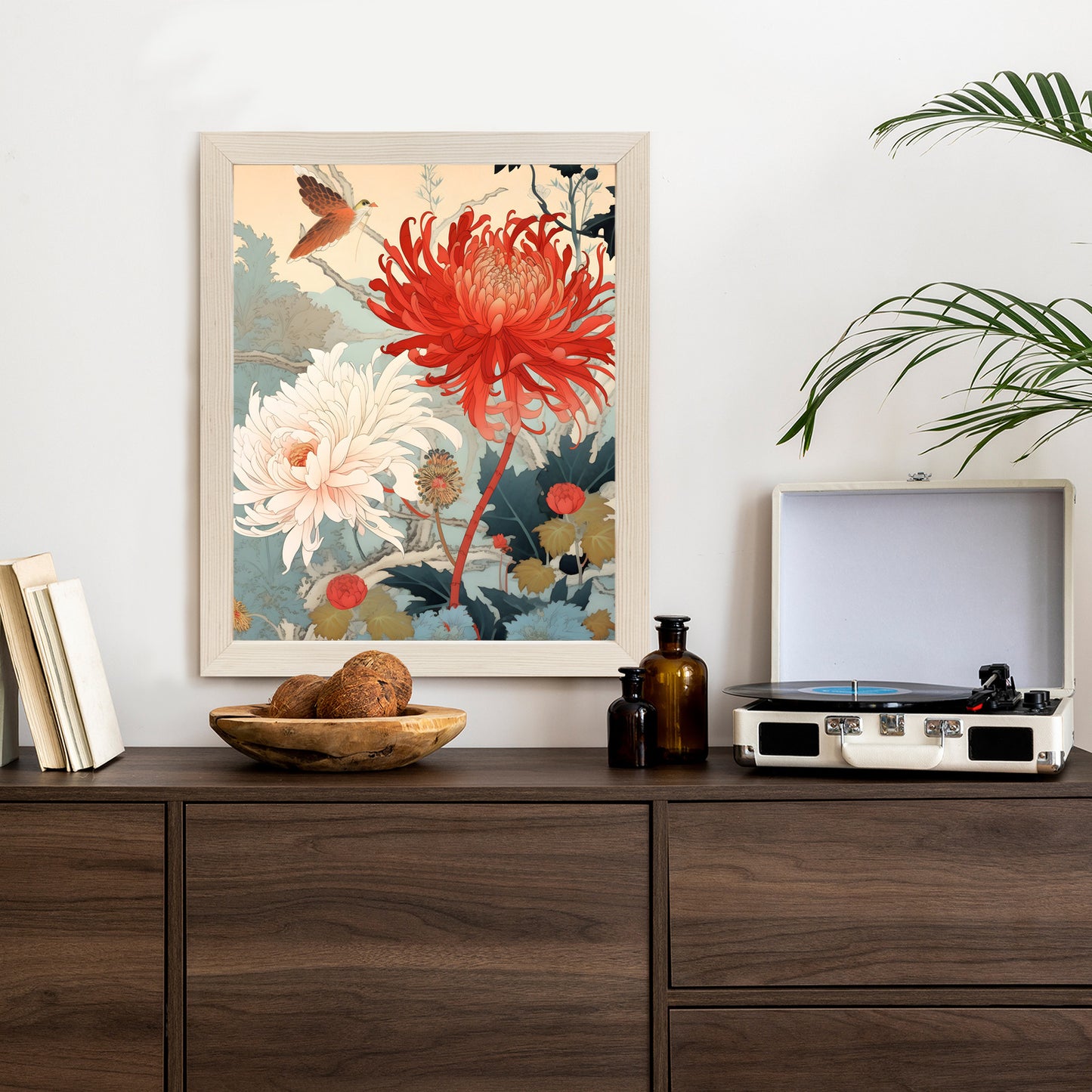 Poster Chrysanthemen Im Japanischen Stil Rahmen Holz Mit Passepartout Farbe Natürlich
