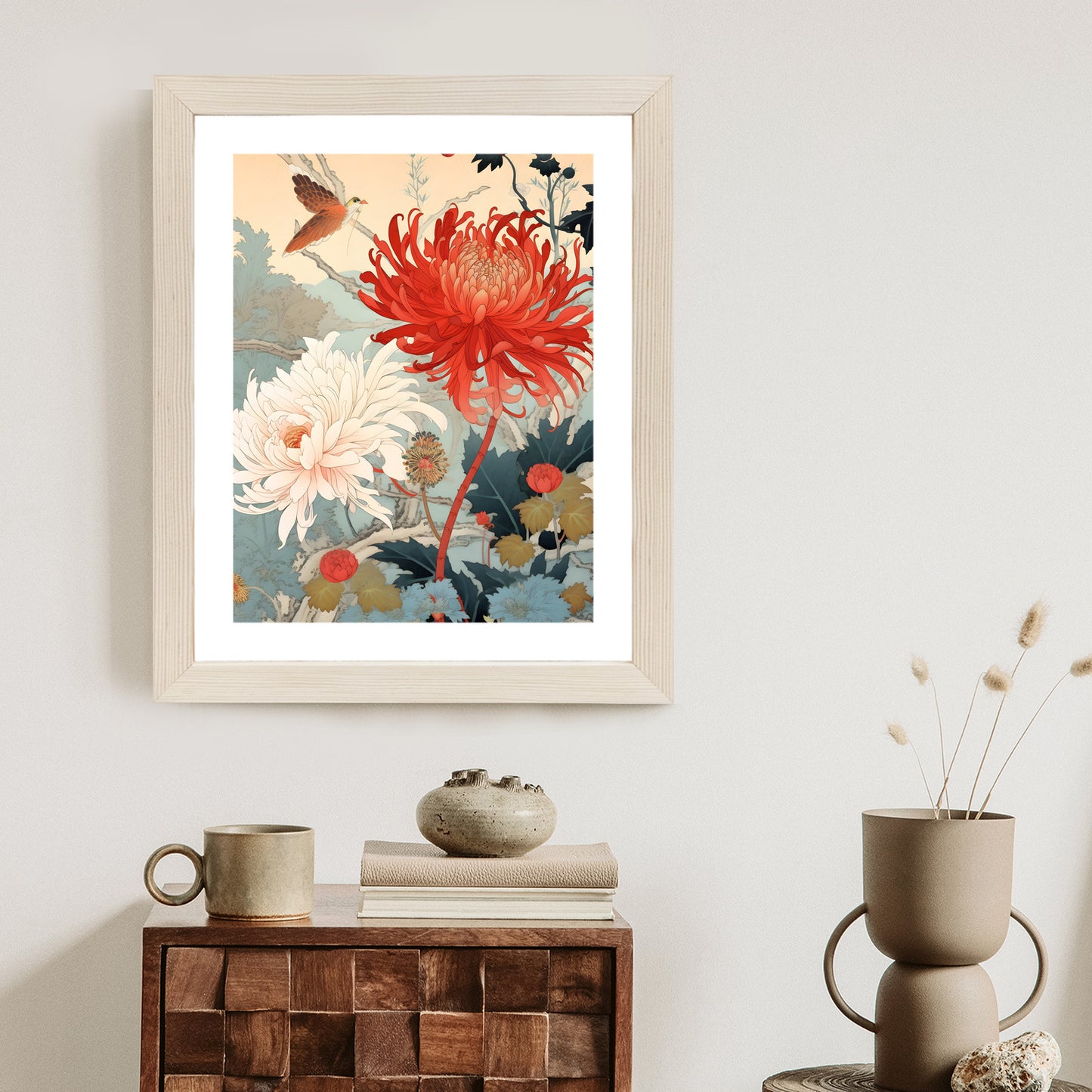 Poster Chrysanthemen Im Japanischen Stil Rahmen Holz Mit Passepartout Farbe Natürlich