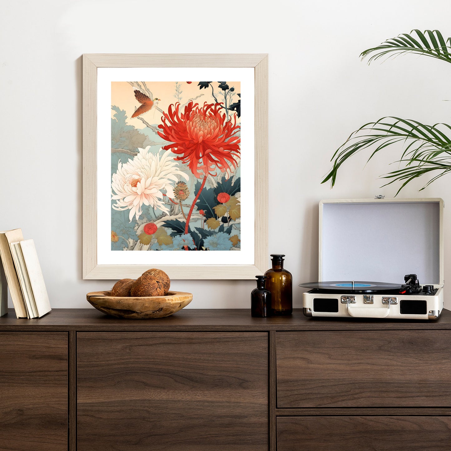 Poster Chrysanthemen Im Japanischen Stil Rahmen Holz Mit Passepartout Farbe Natürlich