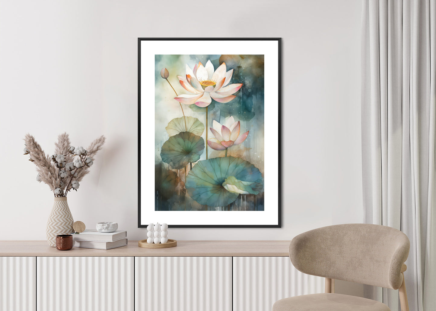 Poster Lilien Mit Großen Blättern Rahmen Holz Mit Passepartout Farbe Natürlich