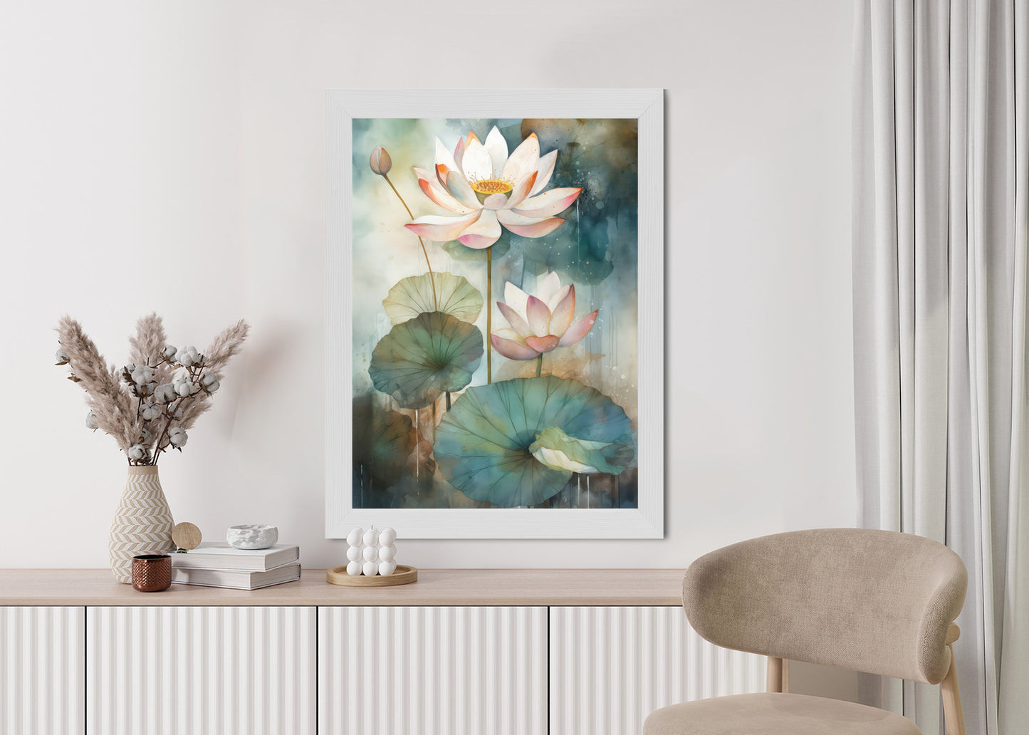 Poster Lilien Mit Großen Blättern Rahmen Holz Mit Passepartout Farbe Natürlich