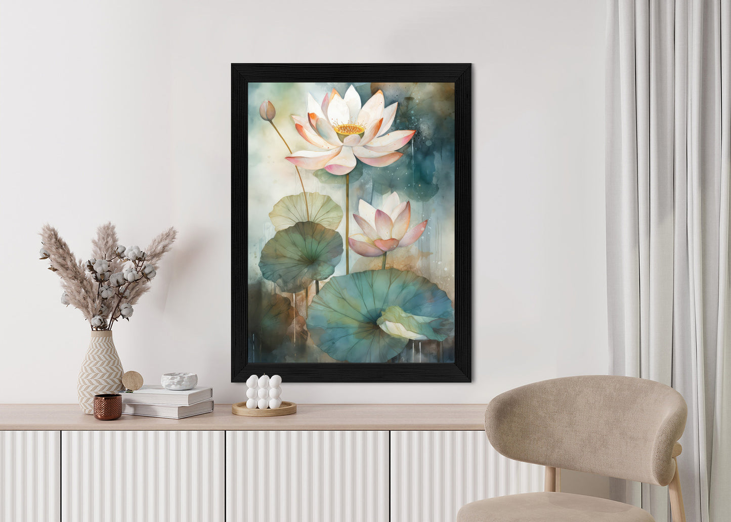Poster Lilien Mit Großen Blättern Rahmen Holz Mit Passepartout Farbe Natürlich