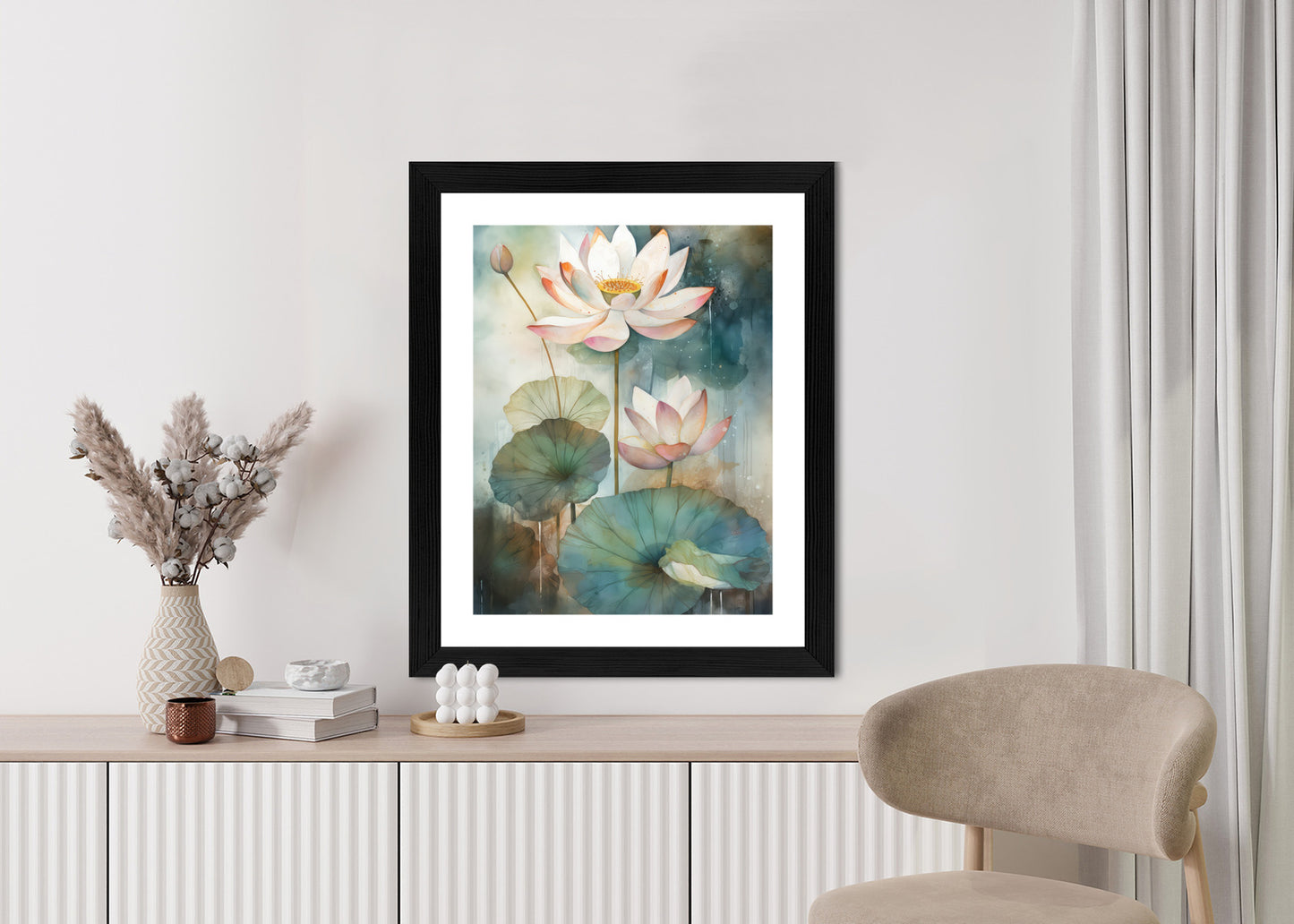 Poster Lilien Mit Großen Blättern Rahmen Holz Mit Passepartout Farbe Natürlich