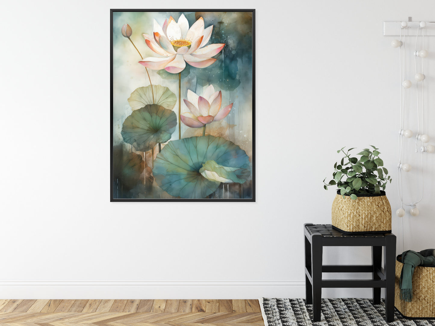 Poster Lilien Mit Großen Blättern Rahmen Holz Mit Passepartout Farbe Natürlich
