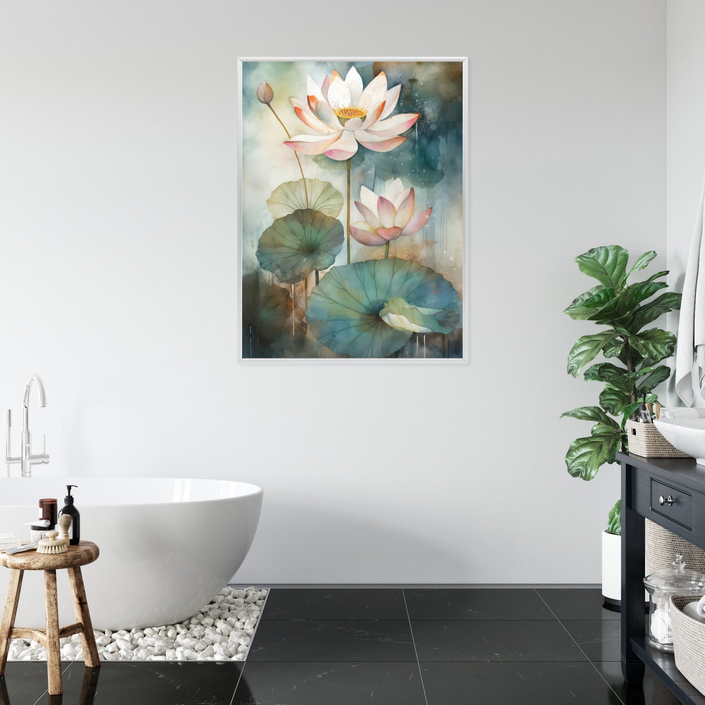 Poster Lilien Mit Großen Blättern Rahmen Holz Mit Passepartout Farbe Natürlich