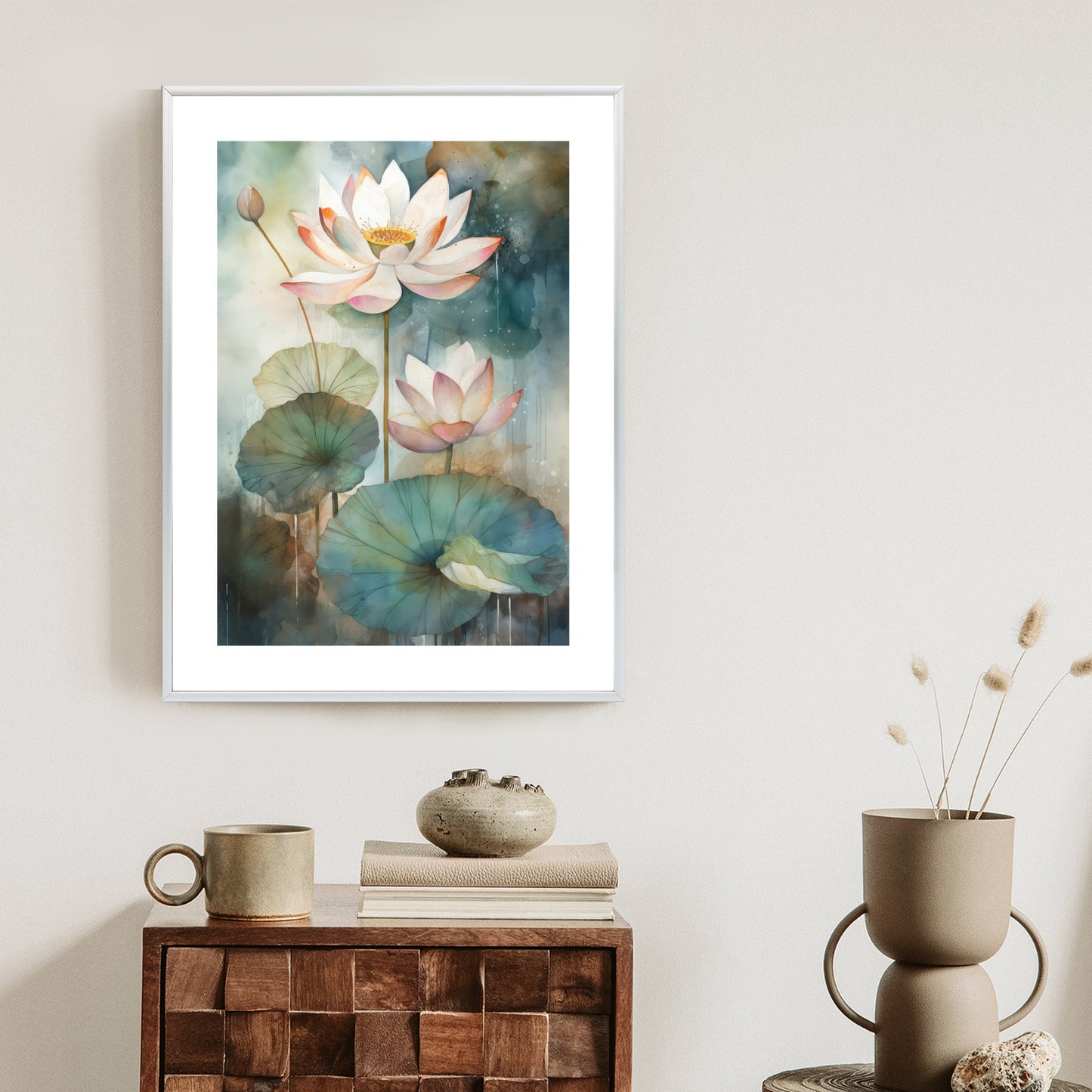Poster Lilien Mit Großen Blättern Rahmen Holz Mit Passepartout Farbe Natürlich