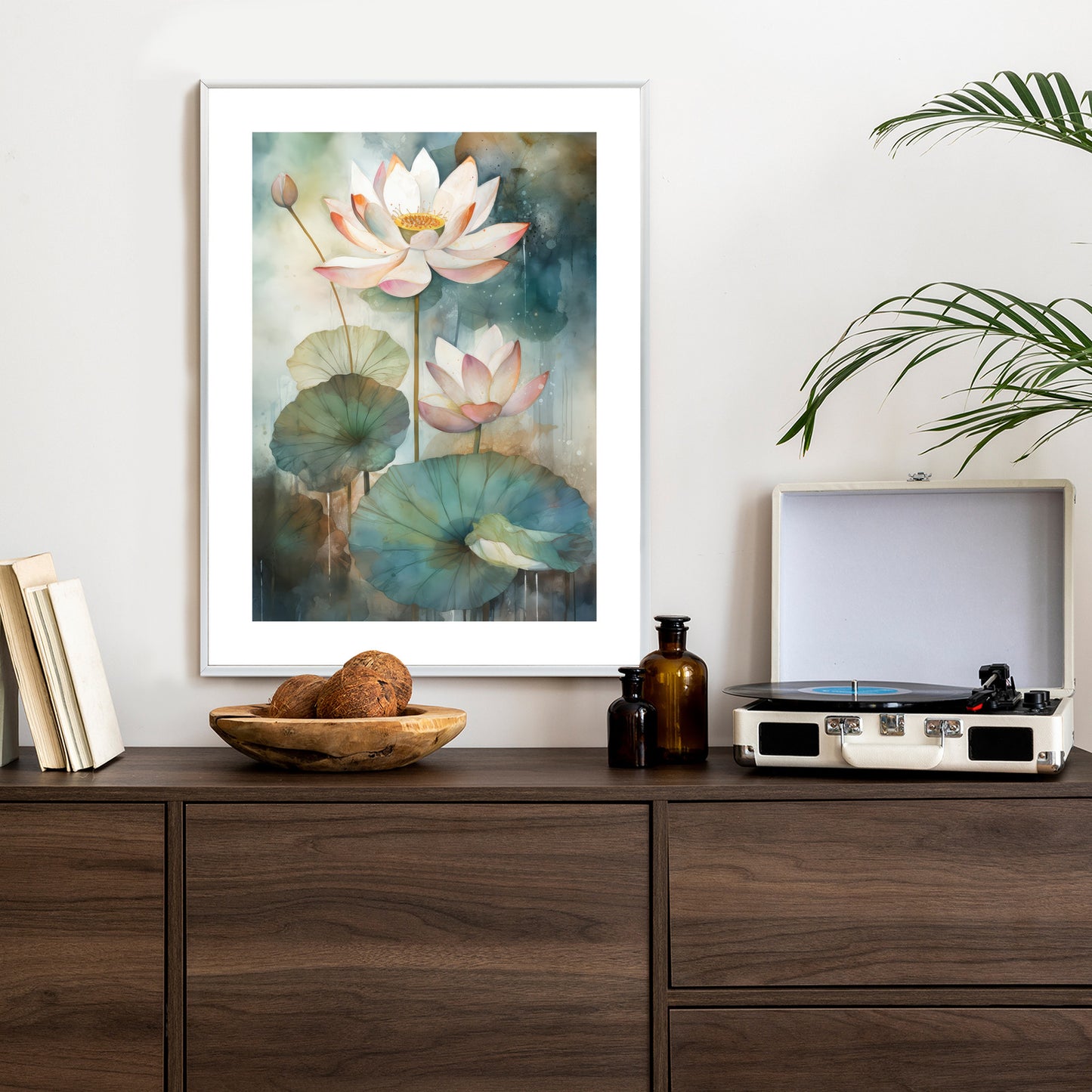 Poster Lilien Mit Großen Blättern Rahmen Holz Mit Passepartout Farbe Natürlich
