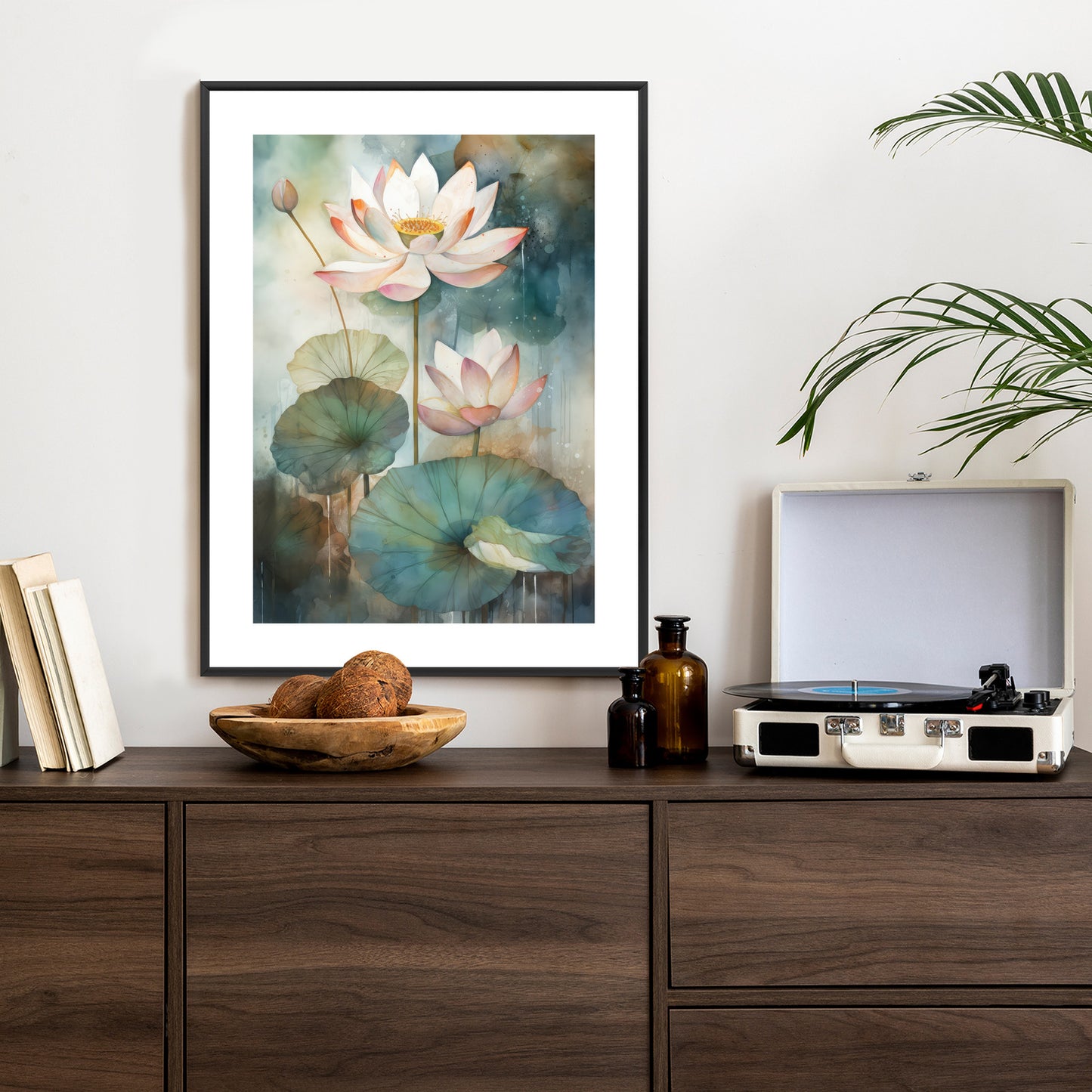 Poster Lilien Mit Großen Blättern Rahmen Holz Mit Passepartout Farbe Natürlich