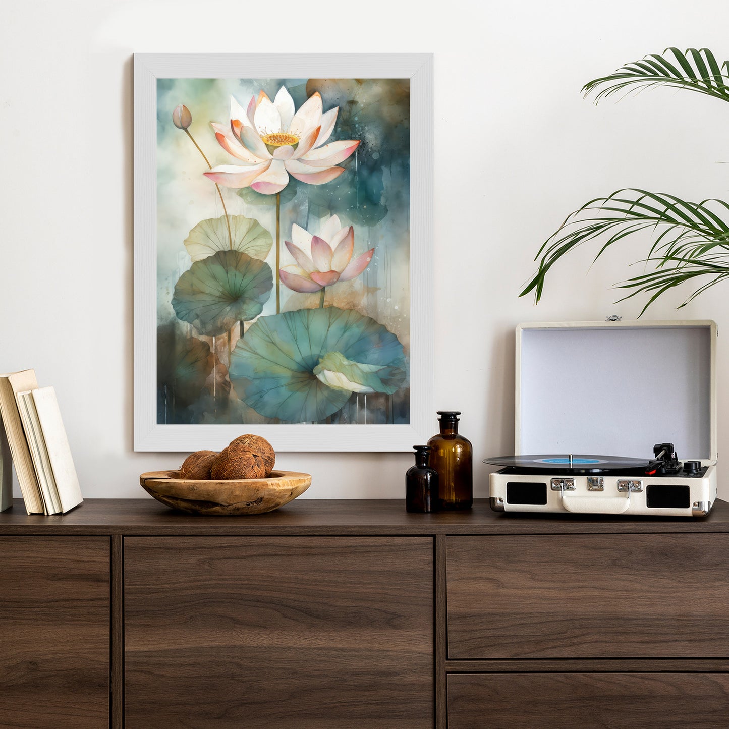 Poster Lilien Mit Großen Blättern Rahmen Holz Mit Passepartout Farbe Natürlich