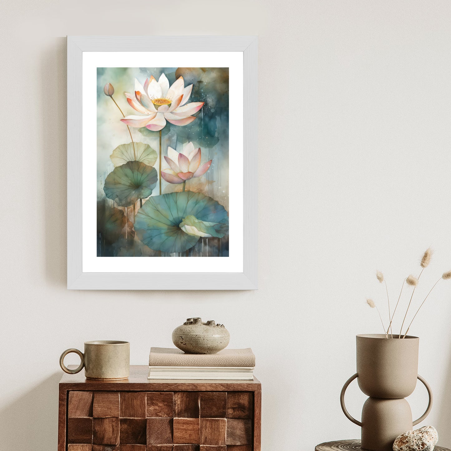 Poster Lilien Mit Großen Blättern Rahmen Holz Mit Passepartout Farbe Natürlich