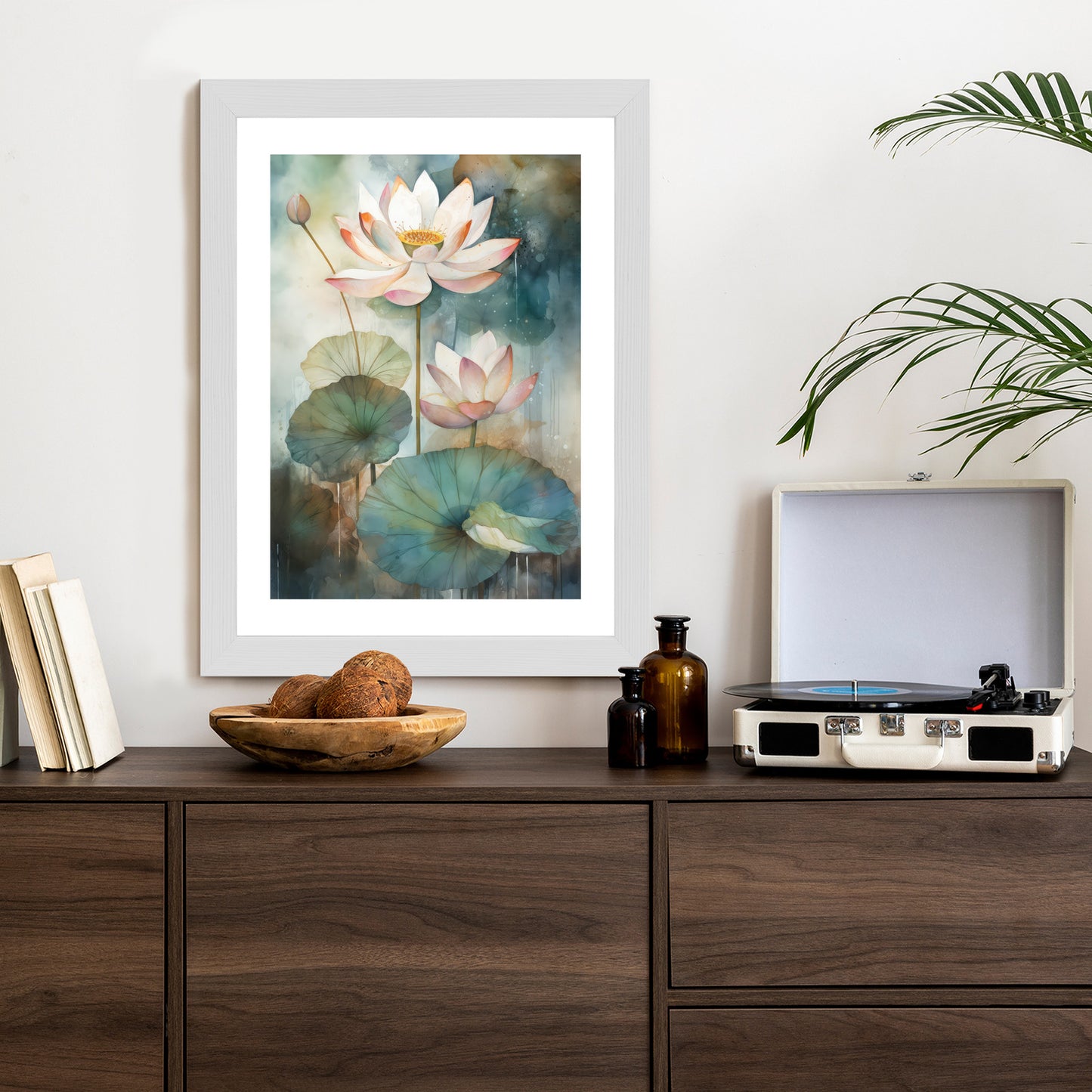 Poster Lilien Mit Großen Blättern Rahmen Holz Mit Passepartout Farbe Natürlich
