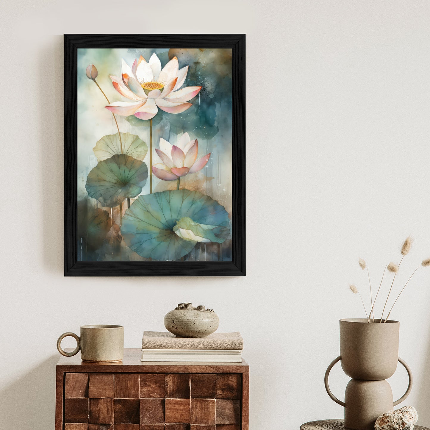 Poster Lilien Mit Großen Blättern Rahmen Holz Mit Passepartout Farbe Natürlich