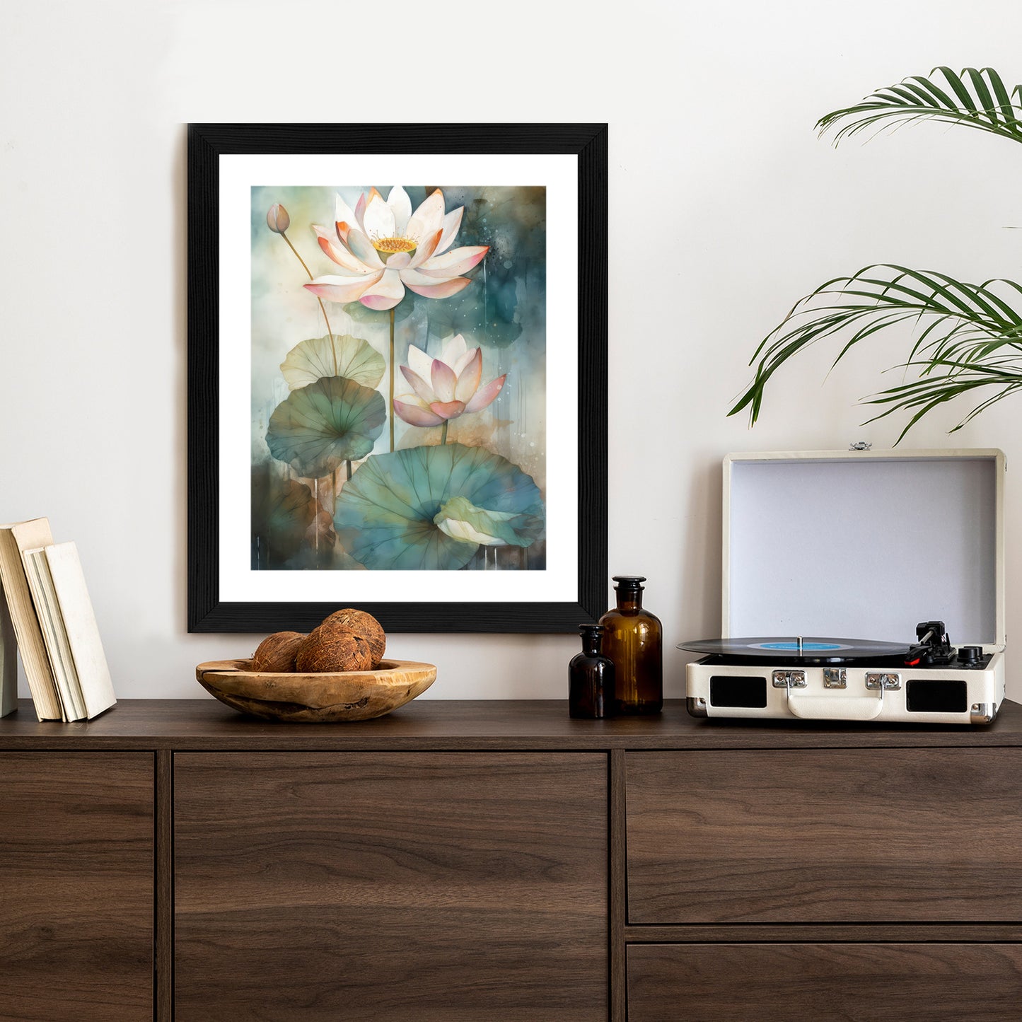 Poster Lilien Mit Großen Blättern Rahmen Holz Mit Passepartout Farbe Natürlich