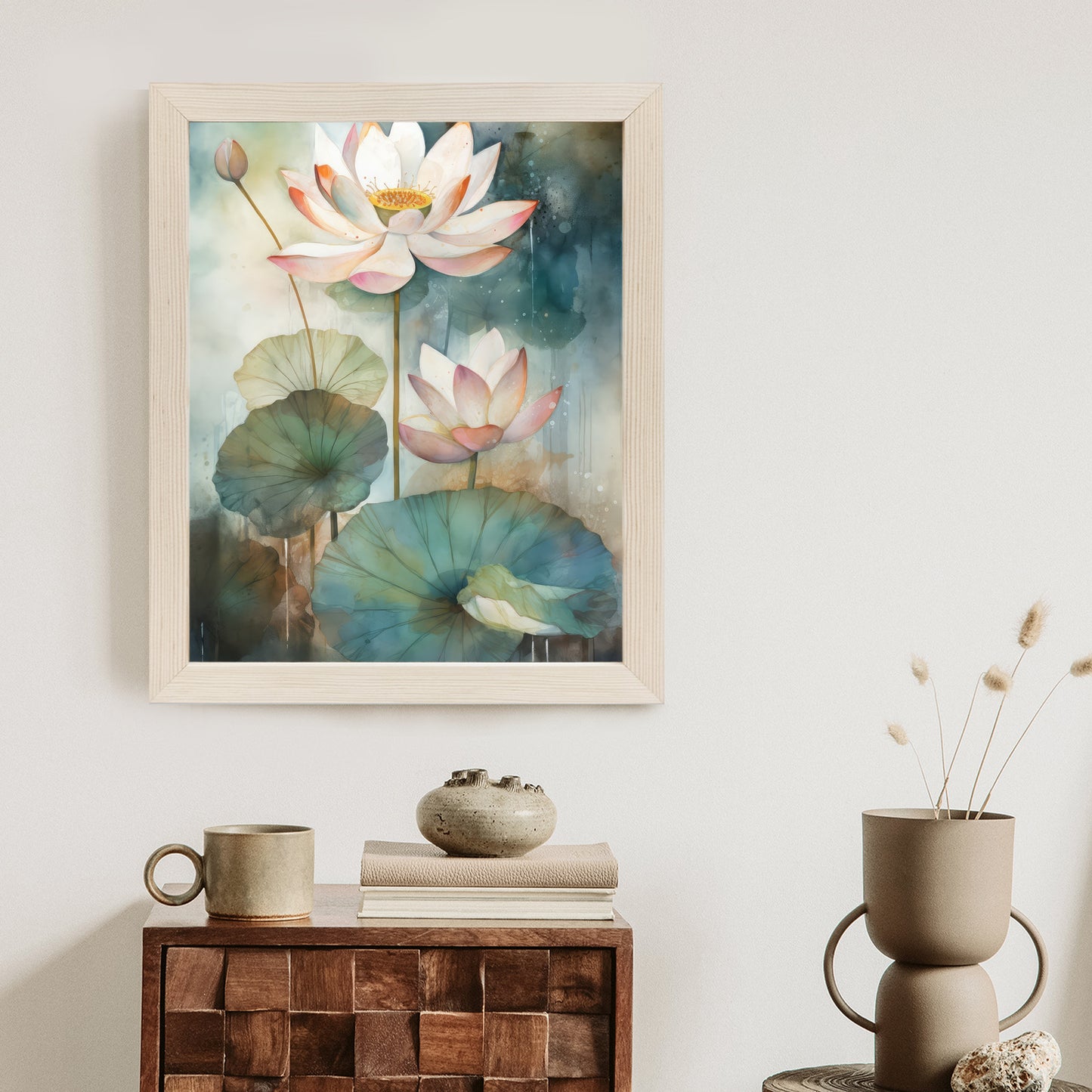Poster Lilien Mit Großen Blättern Rahmen Holz Mit Passepartout Farbe Natürlich