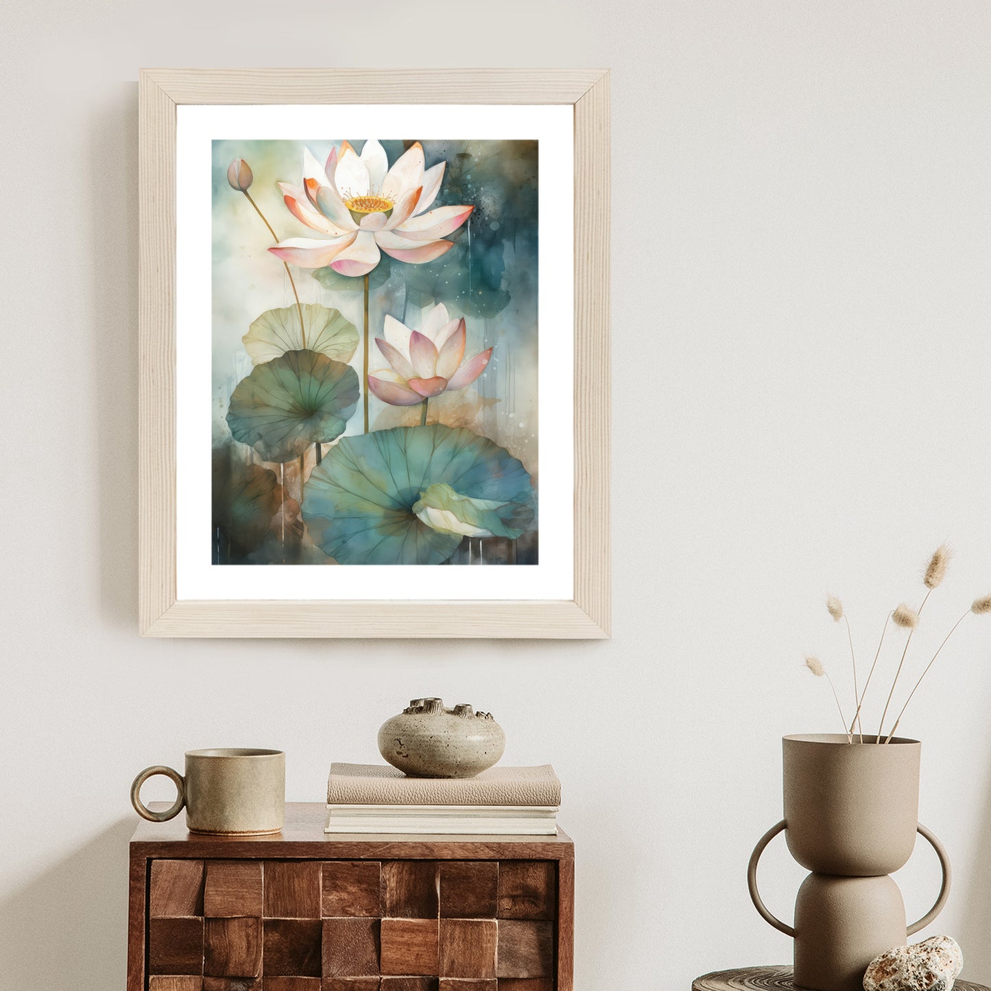 Poster Lilien Mit Großen Blättern Rahmen Holz Mit Passepartout Farbe Natürlich