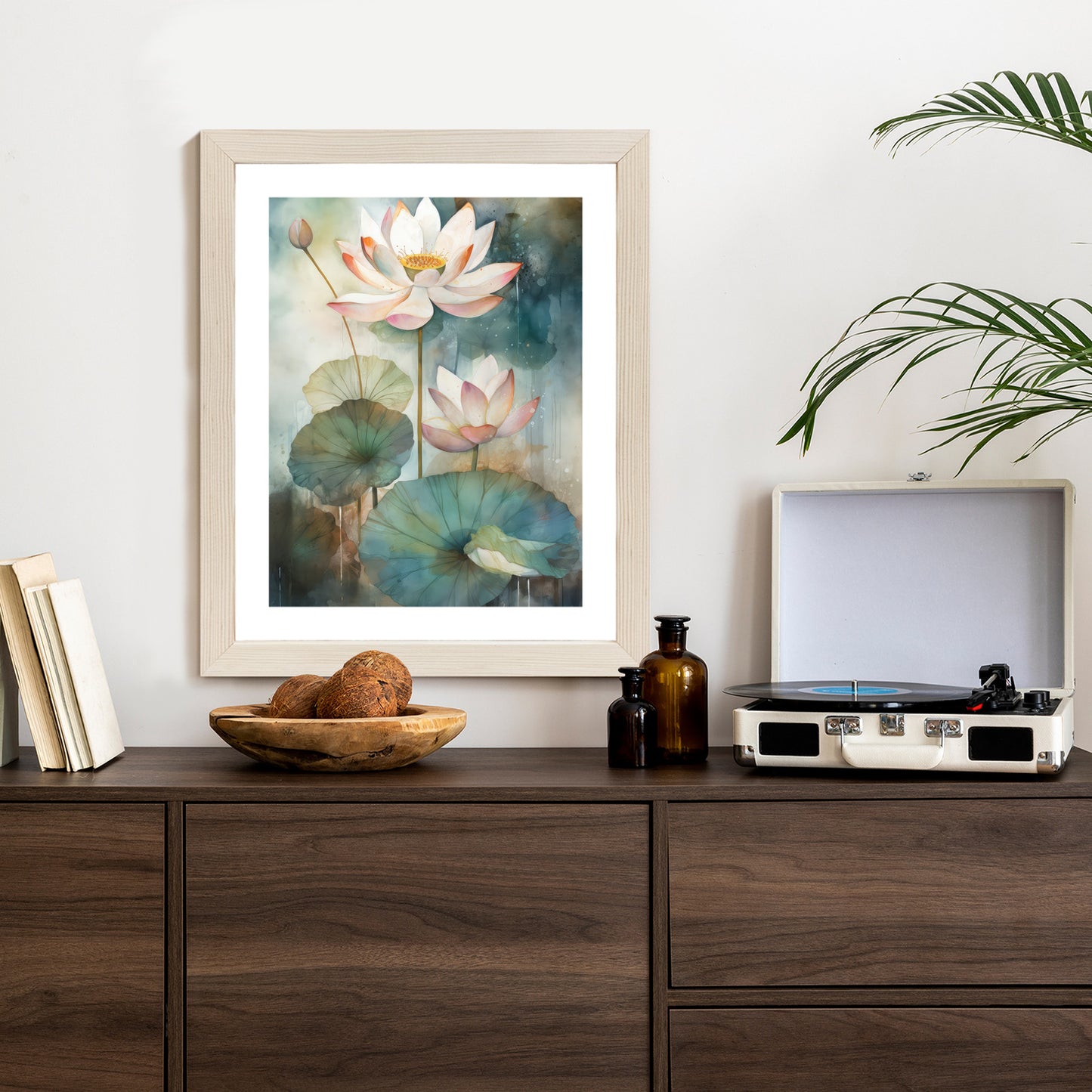 Poster Lilien Mit Großen Blättern Rahmen Holz Mit Passepartout Farbe Natürlich