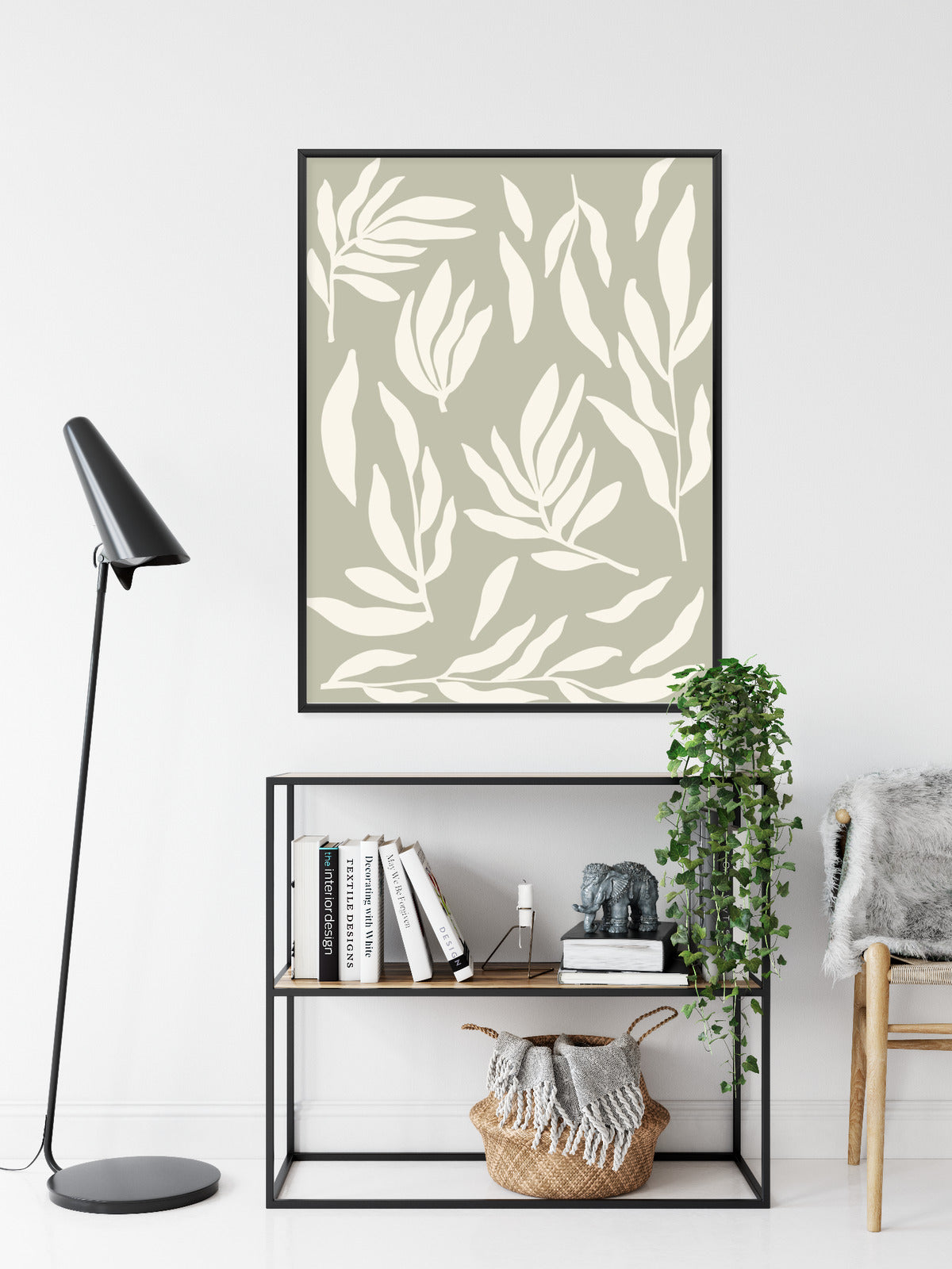 Poster Botanische Grafiken Mit Beigen Blättern Rahmen Holz Mit Passepartout Farbe Natürlich