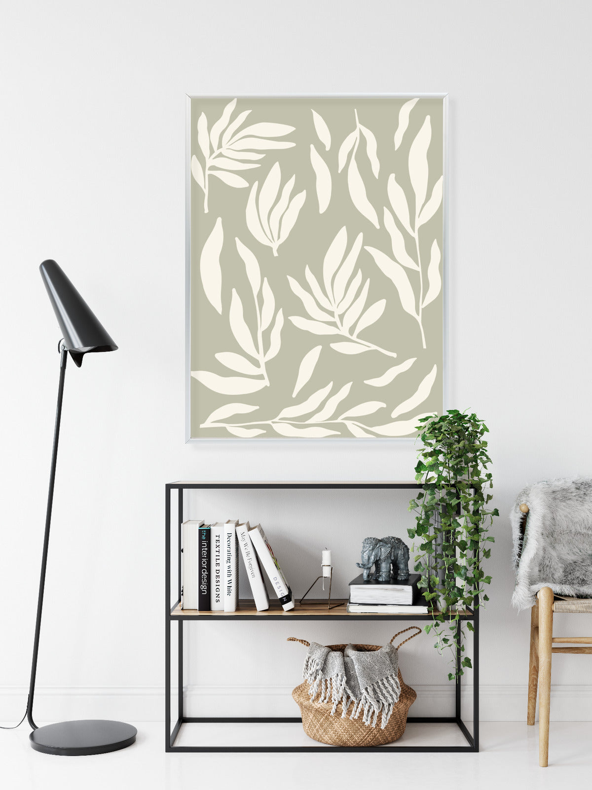 Poster Botanische Grafiken Mit Beigen Blättern Rahmen Holz Mit Passepartout Farbe Natürlich