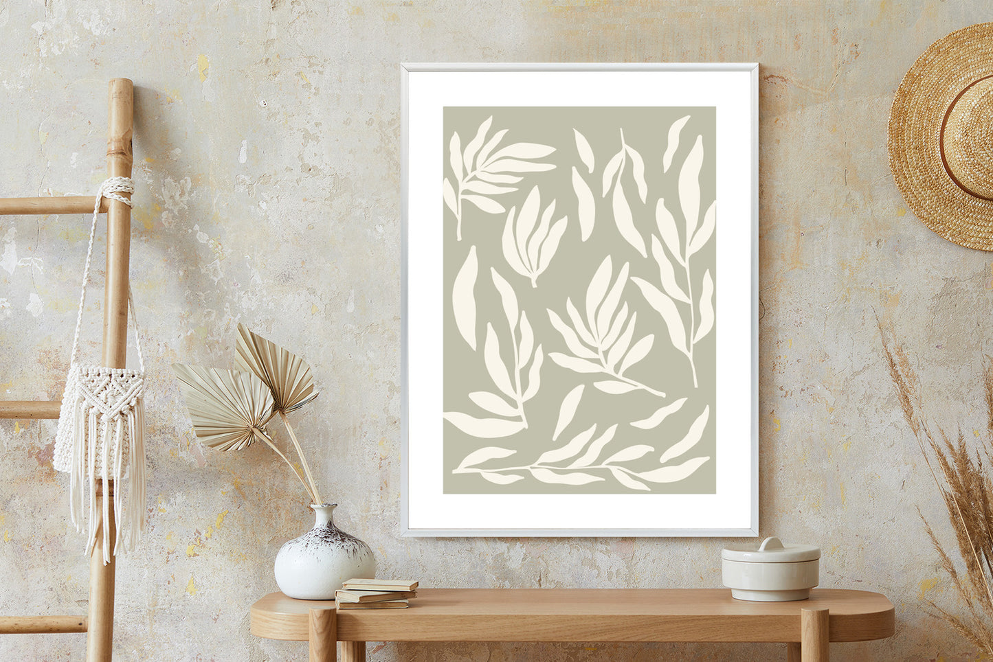 Poster Botanische Grafiken Mit Beigen Blättern Rahmen Holz Mit Passepartout Farbe Natürlich