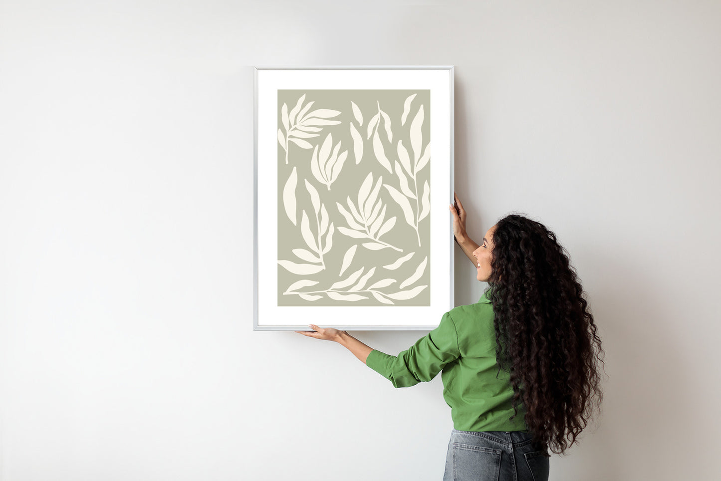 Poster Botanische Grafiken Mit Beigen Blättern Rahmen Holz Mit Passepartout Farbe Natürlich