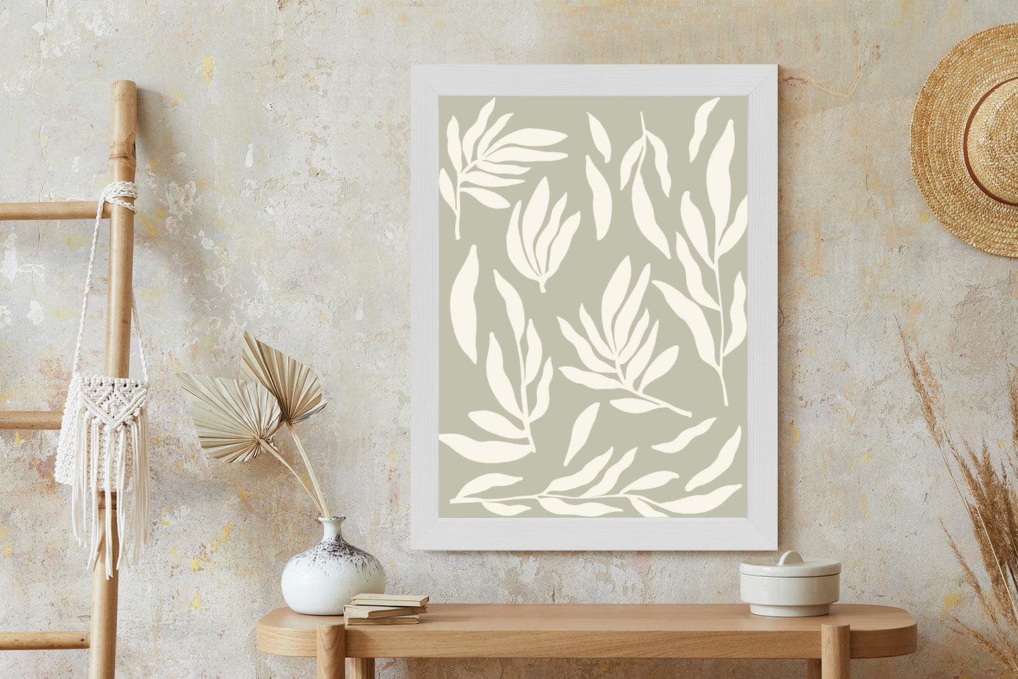 Poster Botanische Grafiken Mit Beigen Blättern Rahmen Holz Mit Passepartout Farbe Natürlich