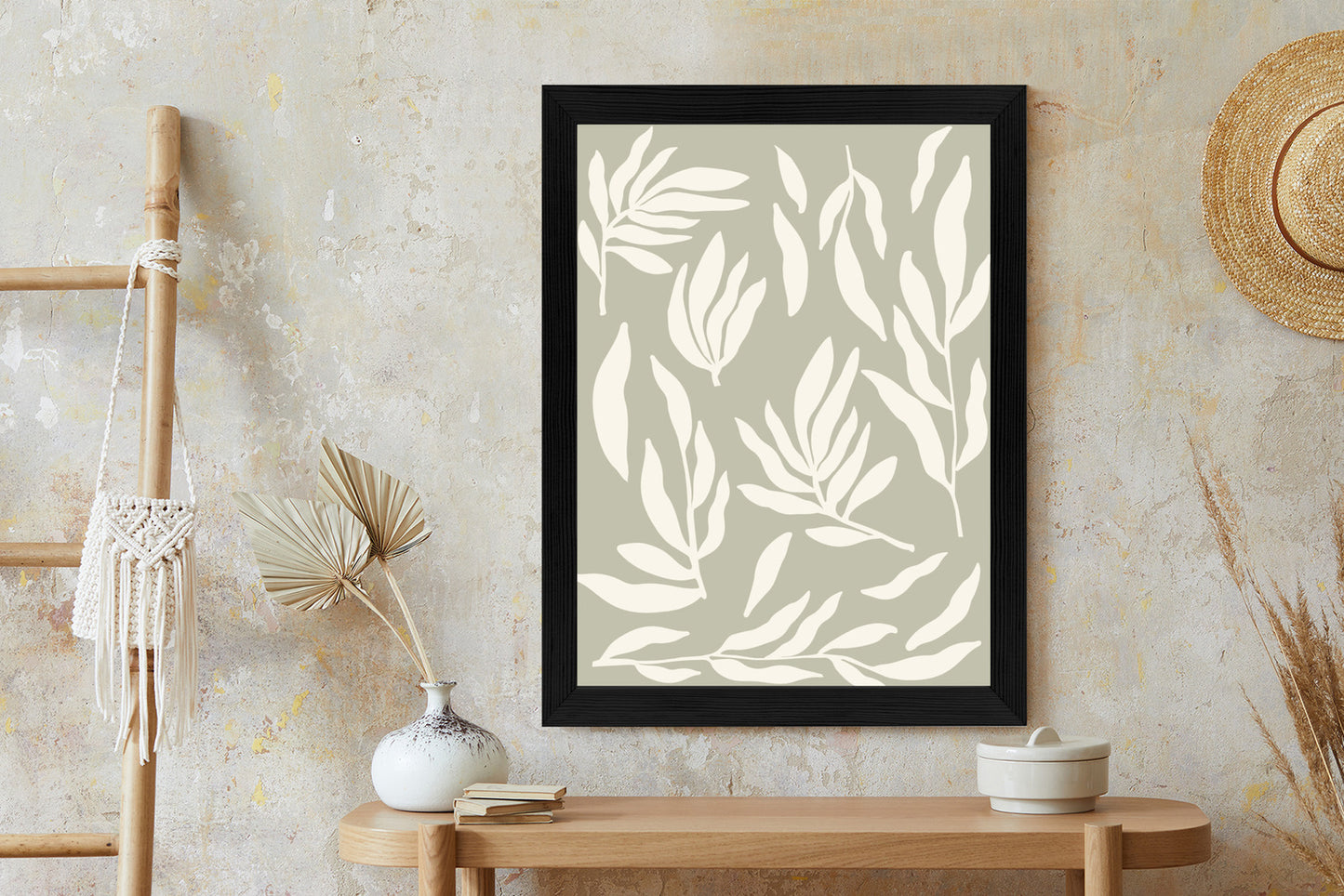 Poster Botanische Grafiken Mit Beigen Blättern Rahmen Holz Mit Passepartout Farbe Natürlich
