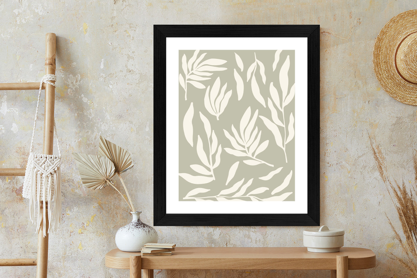 Poster Botanische Grafiken Mit Beigen Blättern Rahmen Holz Mit Passepartout Farbe Natürlich