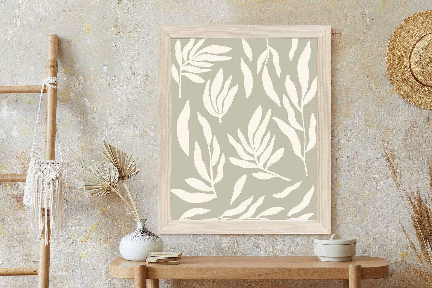 Poster Botanische Grafiken Mit Beigen Blättern Rahmen Holz Mit Passepartout Farbe Natürlich