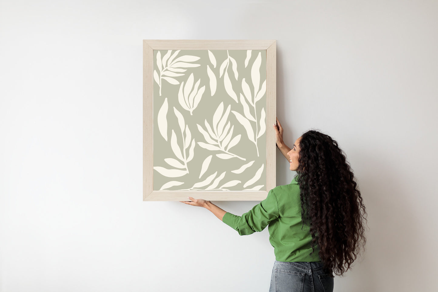 Poster Botanische Grafiken Mit Beigen Blättern Rahmen Holz Mit Passepartout Farbe Natürlich