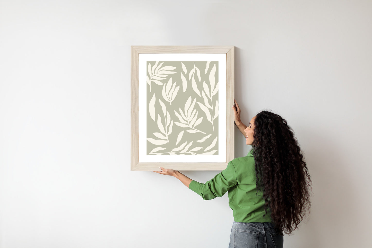 Poster Botanische Grafiken Mit Beigen Blättern Rahmen Holz Mit Passepartout Farbe Natürlich