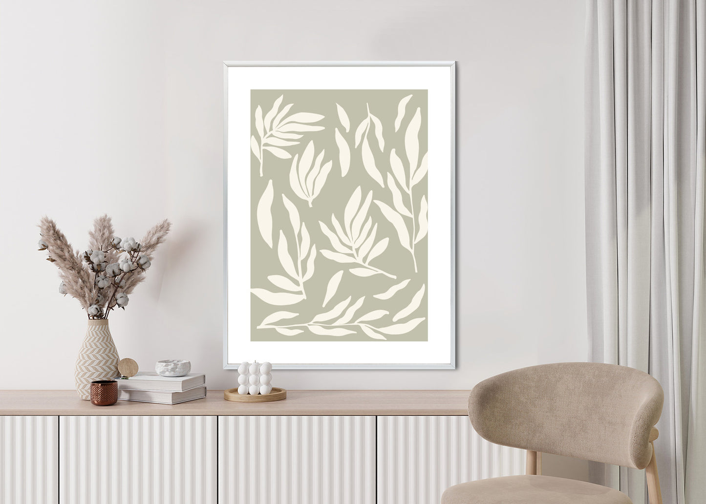 Poster Botanische Grafiken Mit Beigen Blättern Rahmen Holz Mit Passepartout Farbe Natürlich